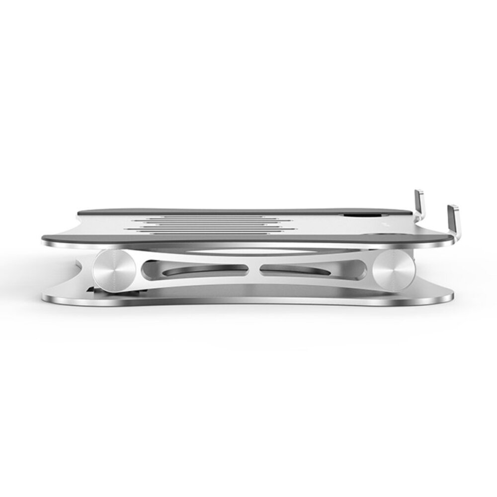 Srebrny stojak na laptopa na białym tle. Ma platformę z otworami wentylacyjnymi, dwa okrągłe pokrętła i dwa ramiona podporowe.