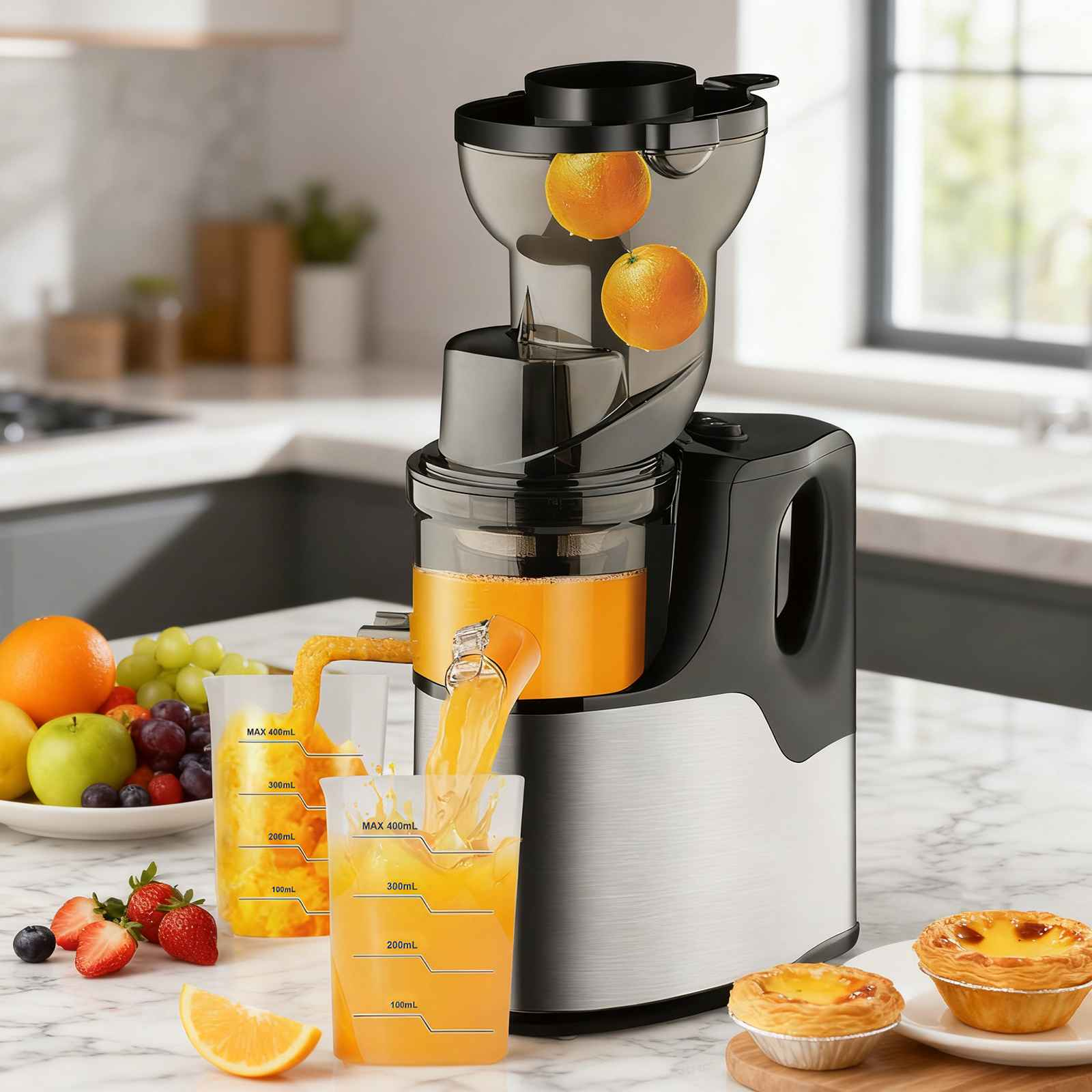 Entsafter mit Orangen, der Saft in einen Messbecher gießt. Früchte und Gebäck liegen ebenfalls auf dem Tisch.