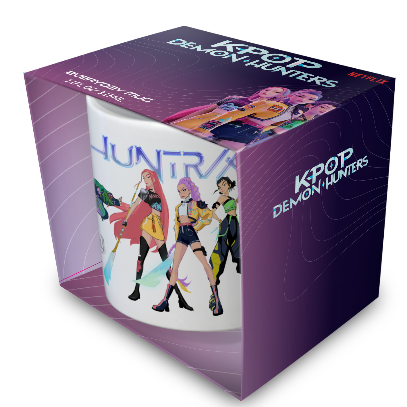 Eine Tasse in einer Box. Die Tasse hat Anime-Charaktere. Auf der Box steht 'KPOP Demon Hunters' und 'Netflix'.