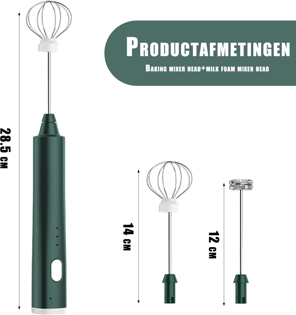 Das Bild zeigt ein Produkt mit Maßen, einschließlich eines grünen Mixers und zwei Köpfen. Text: 'PRODUCTAFMETINGEN' und 'BAKING MIXER HEAD+MILK FOAM MIXER HEAD'.