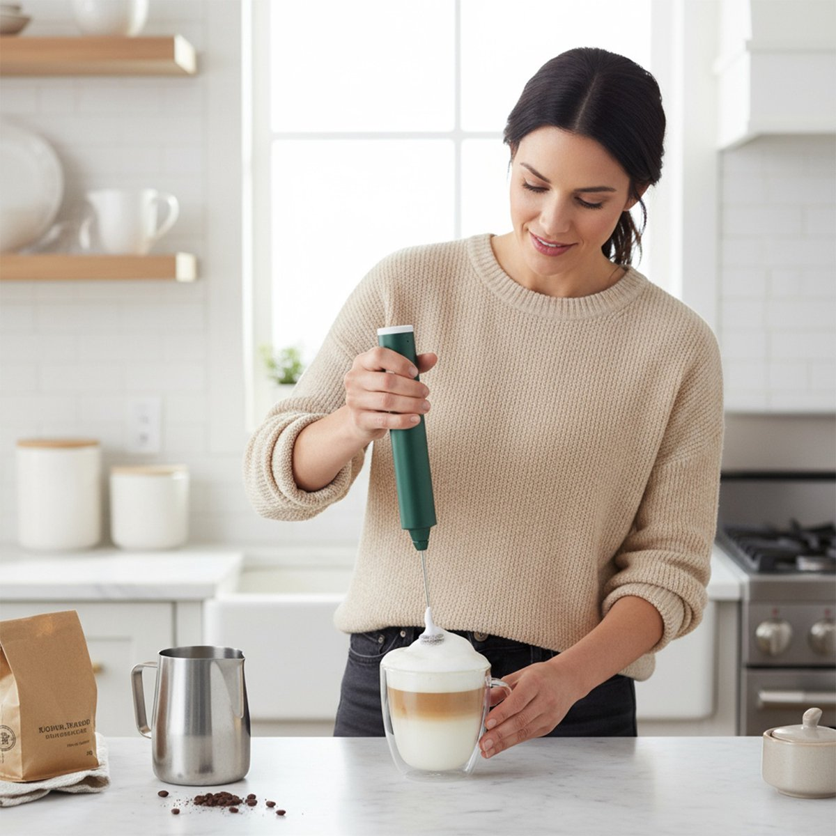 Eine Frau schäumt Milch in einem Glas für Latte auf. Sie hält einen grünen Aufschäumer in einer Küche.