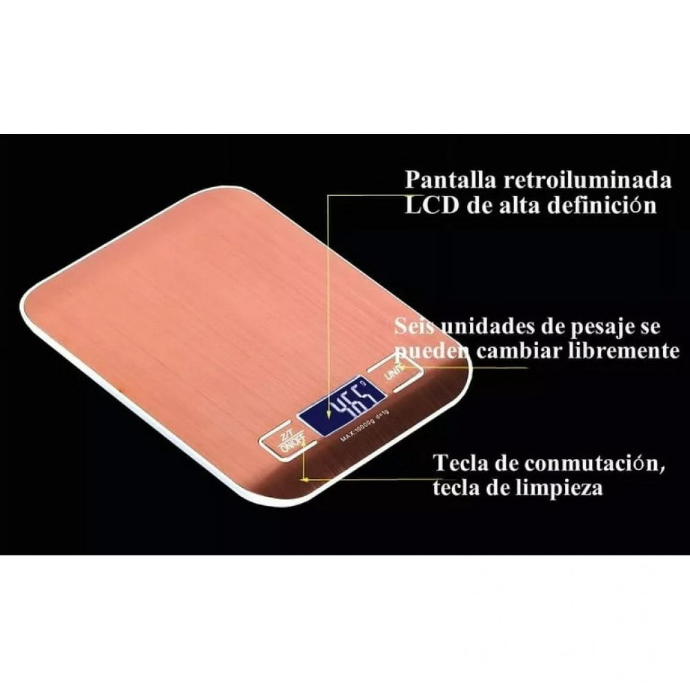 Eine roségoldene digitale Küchenwaage zeigt 465 an. Sie hat einen LCD-Bildschirm und spanische Beschriftungen. Der Hintergrund ist schwarz.