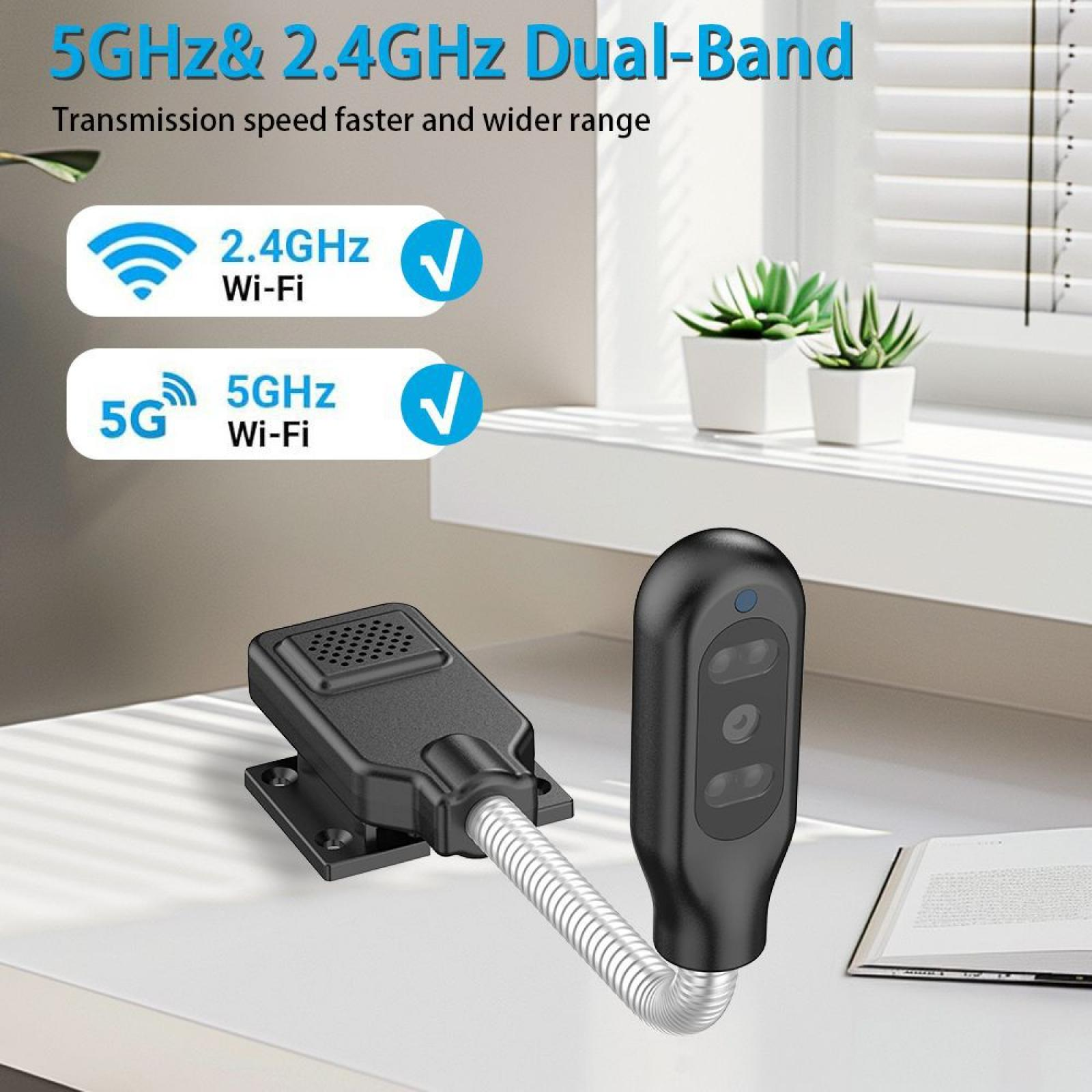 Ein schwarzes Gerät mit einem flexiblen Schlauch. WLAN-Infografiken im Hintergrund. Zwei kleine Pflanzen in weißen Töpfen.