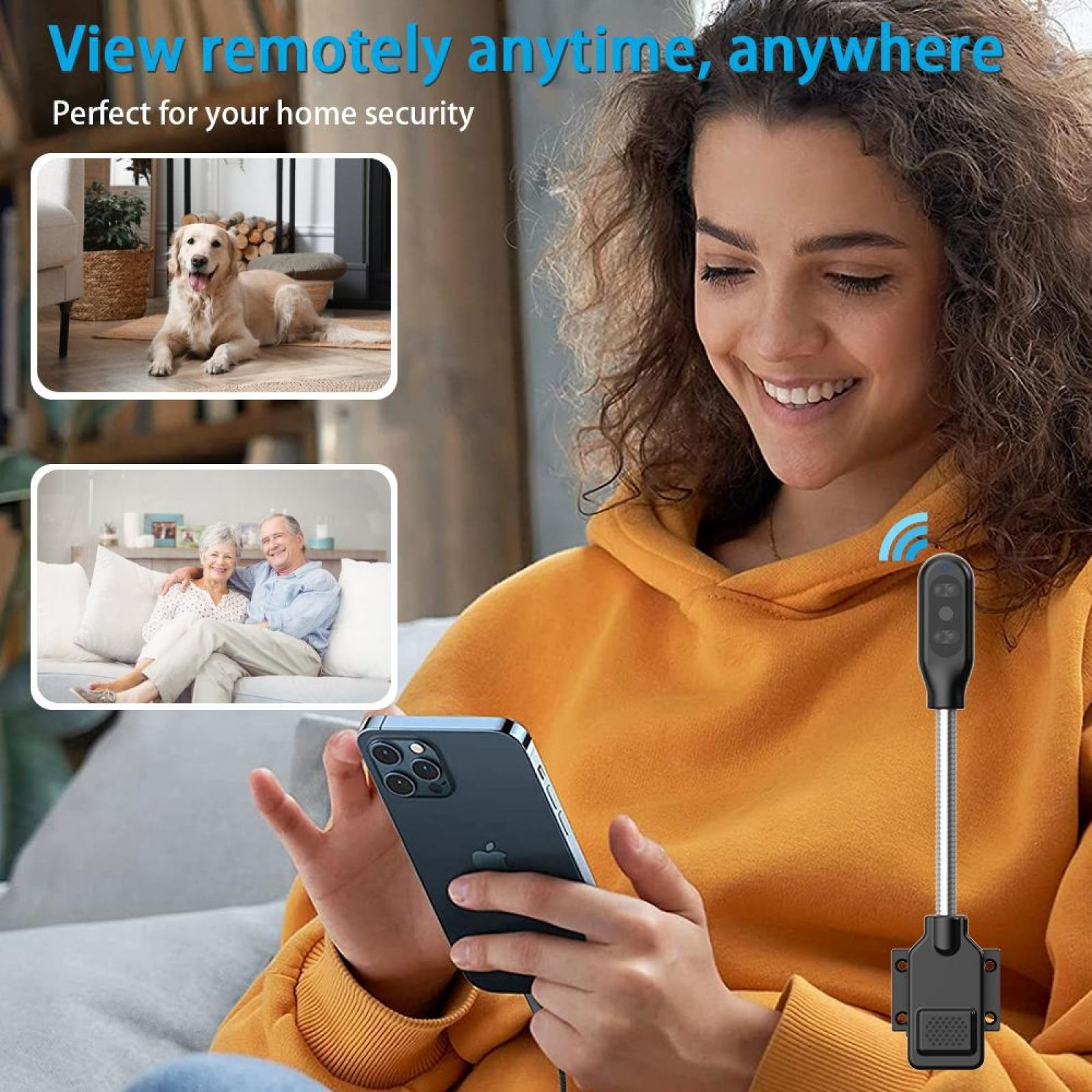 Frau mit Telefon und Sicherheitsgerät. Zwei Einsetzbilder zeigen einen Hund und ein älteres Ehepaar.
