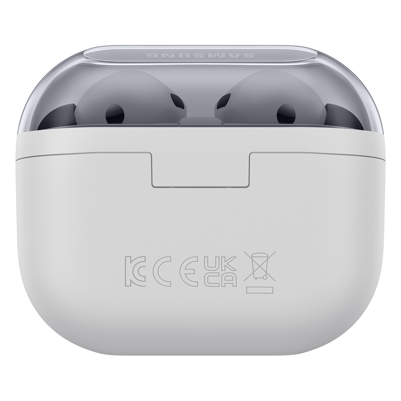 Białe etui ładujące słuchawki Samsung z przezroczystą pokrywą. Etui jest otwarte, widać w nim słuchawki.