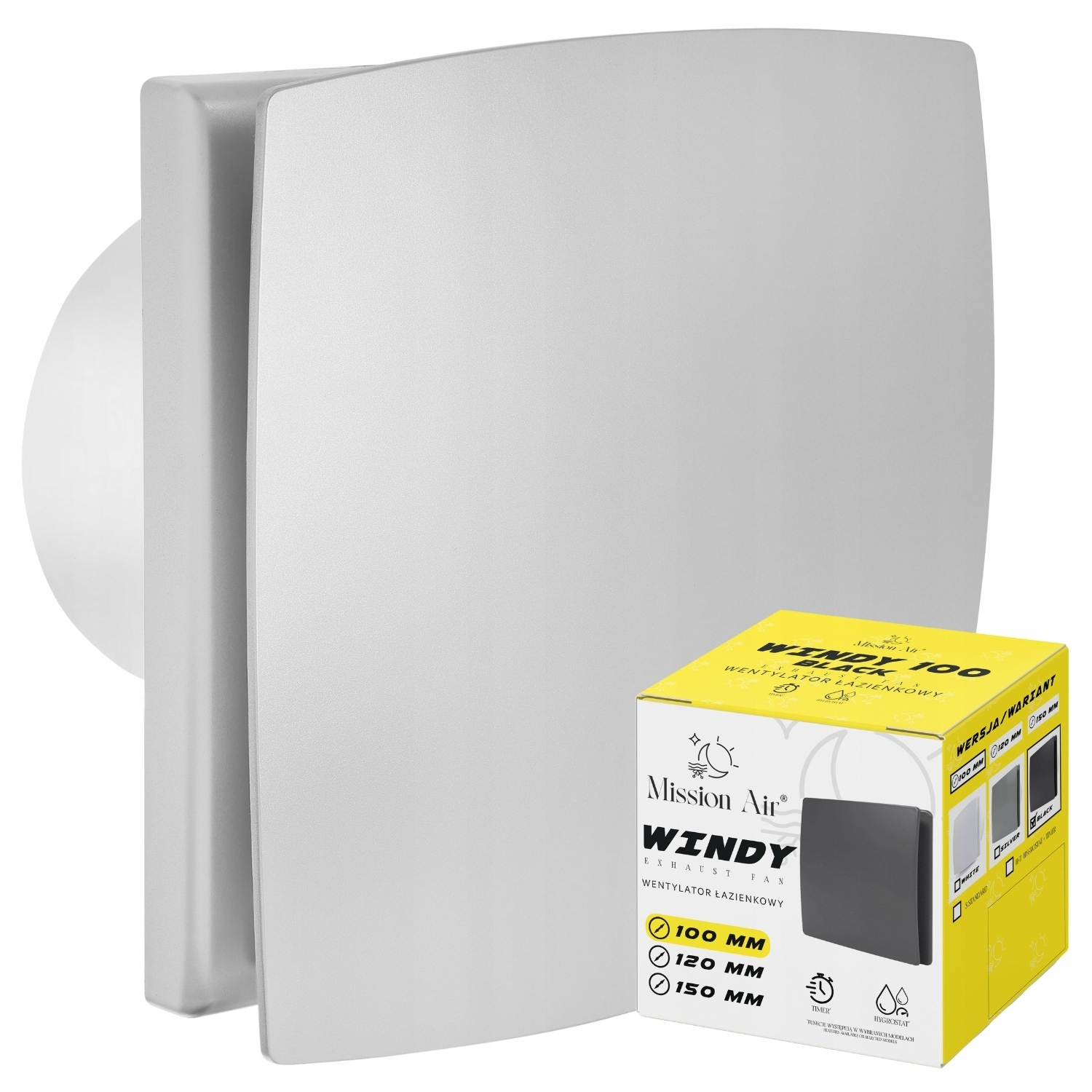 Biały wentylator z pudełkiem. Na pudełku napis 'WINDY', wraz z opcjami 100 mm, 120 mm i 150 mm.
