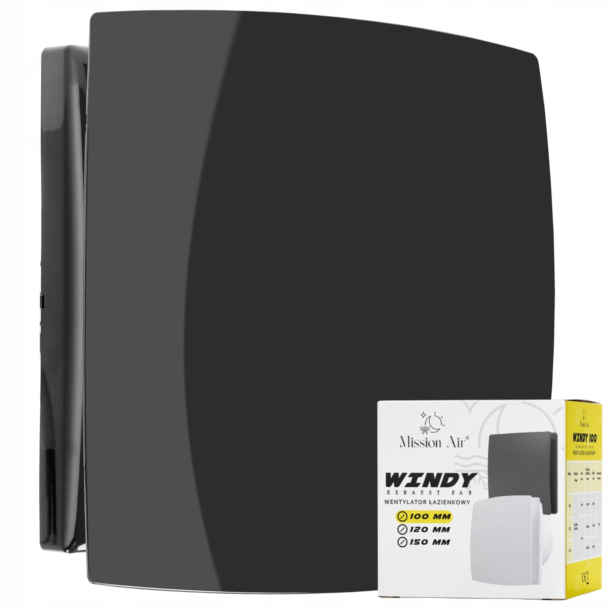 Czarny, kwadratowy wentylator wyciągowy. Białe pudełko z marką 'Windy' i rozmiarami wentylatorów: 100 mm, 120 mm i 150 mm.