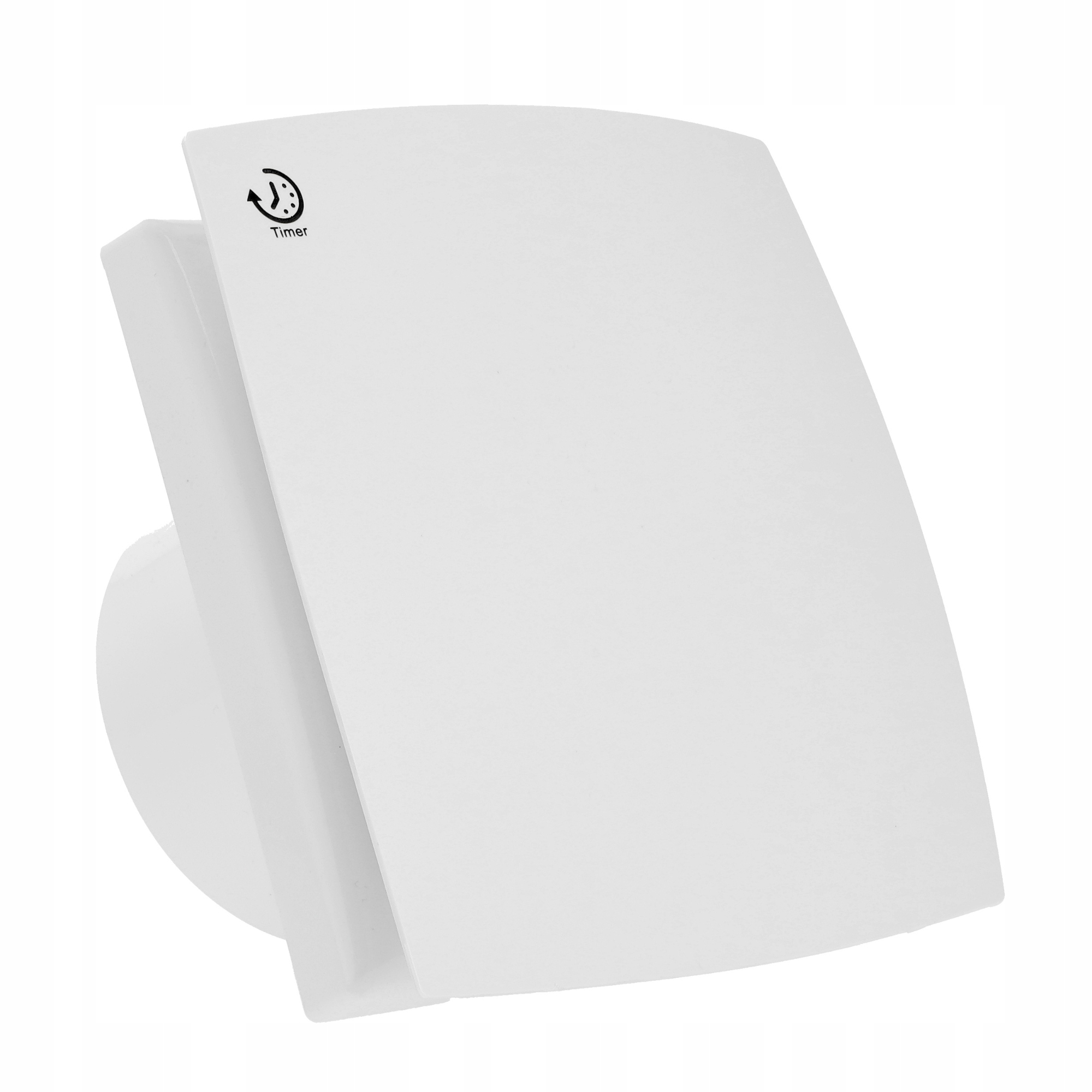 Biały wentylator z ikoną timera. Widok z boku, na białym tle.