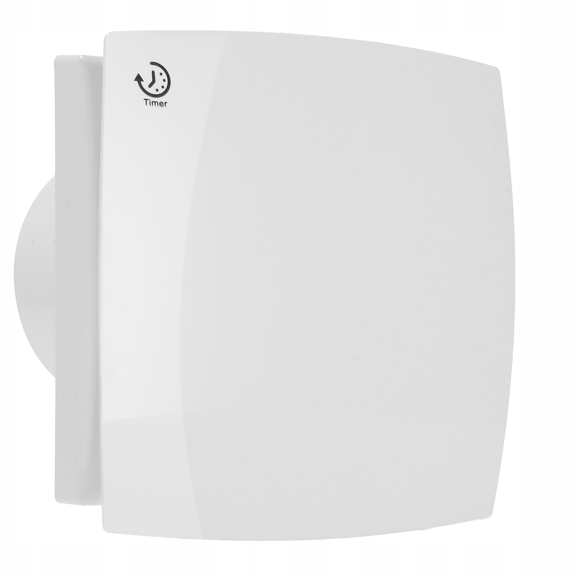 Biały kwadratowy wentylator z symbolem timera. Jest na białym tle.
