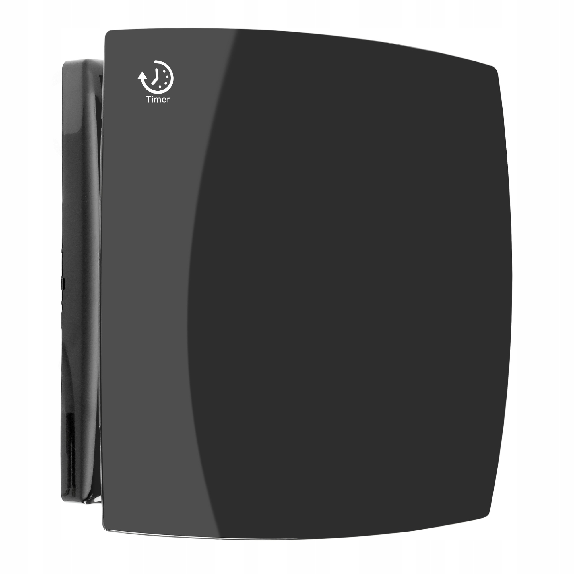 Czarne kwadratowe urządzenie z ikoną i tekstem timera. Zamontowane na ścianie. Białe tło.