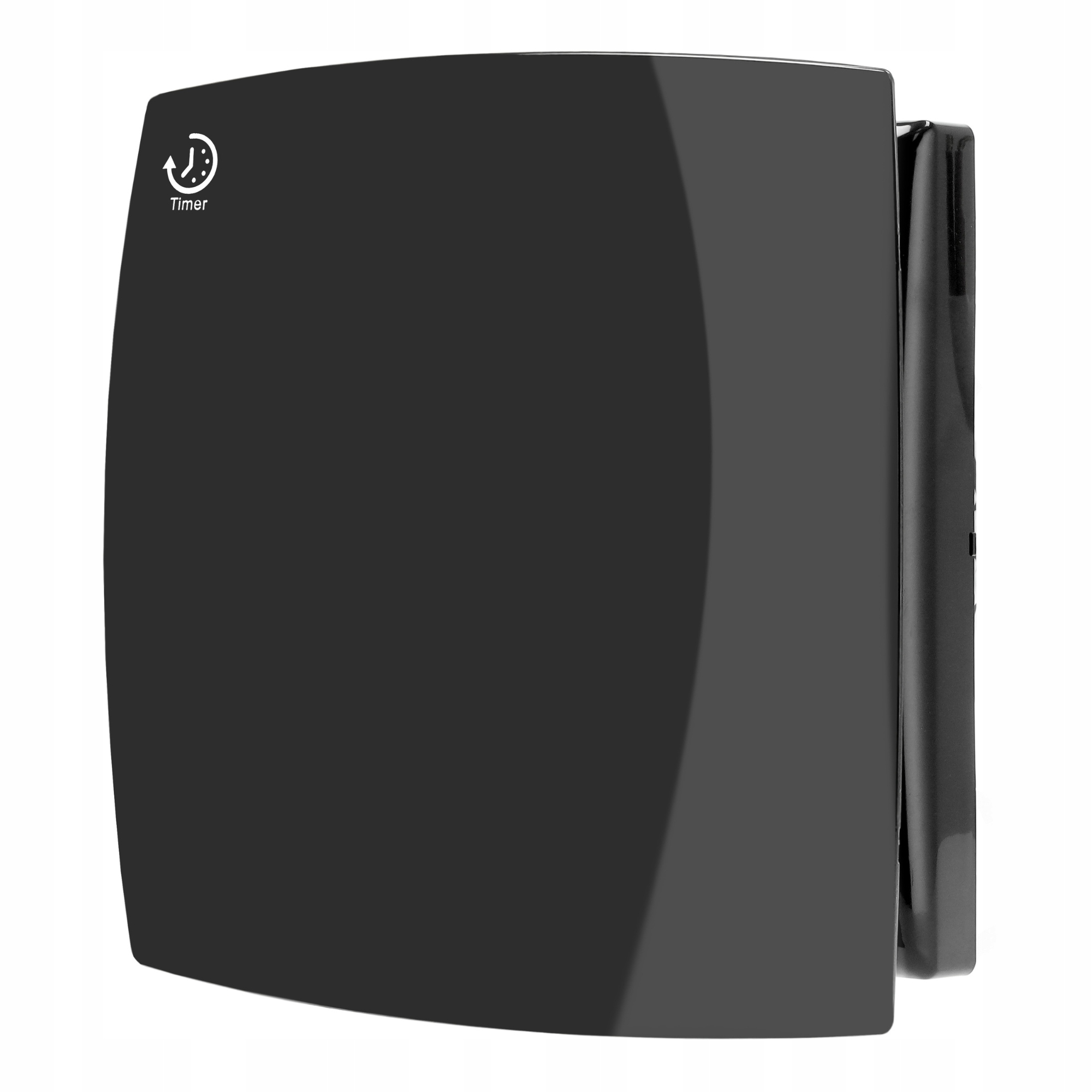 Czarny kwadratowy sprzęt z ikoną timera. Błyszcząca powierzchnia i zaokrąglone rogi. Ma białe tło.