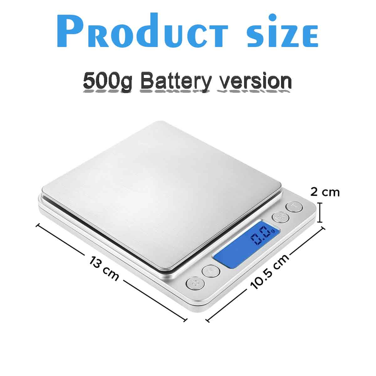 Eine silberne digitale Küchenwaage mit beschrifteten Abmessungen. Der Text darüber lautet 'Produktgröße 500g Batterieversion'.