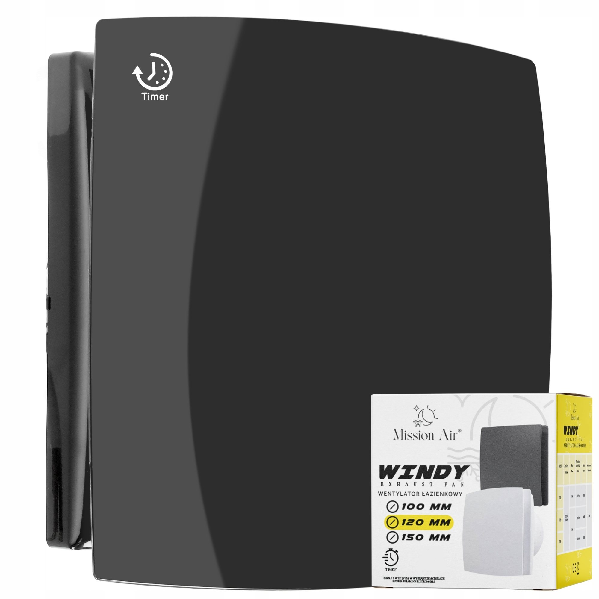 Czarny wentylator wyciągowy z symbolem timera i pudełkiem produktu. Pudełko zawiera rozmiary i funkcje.