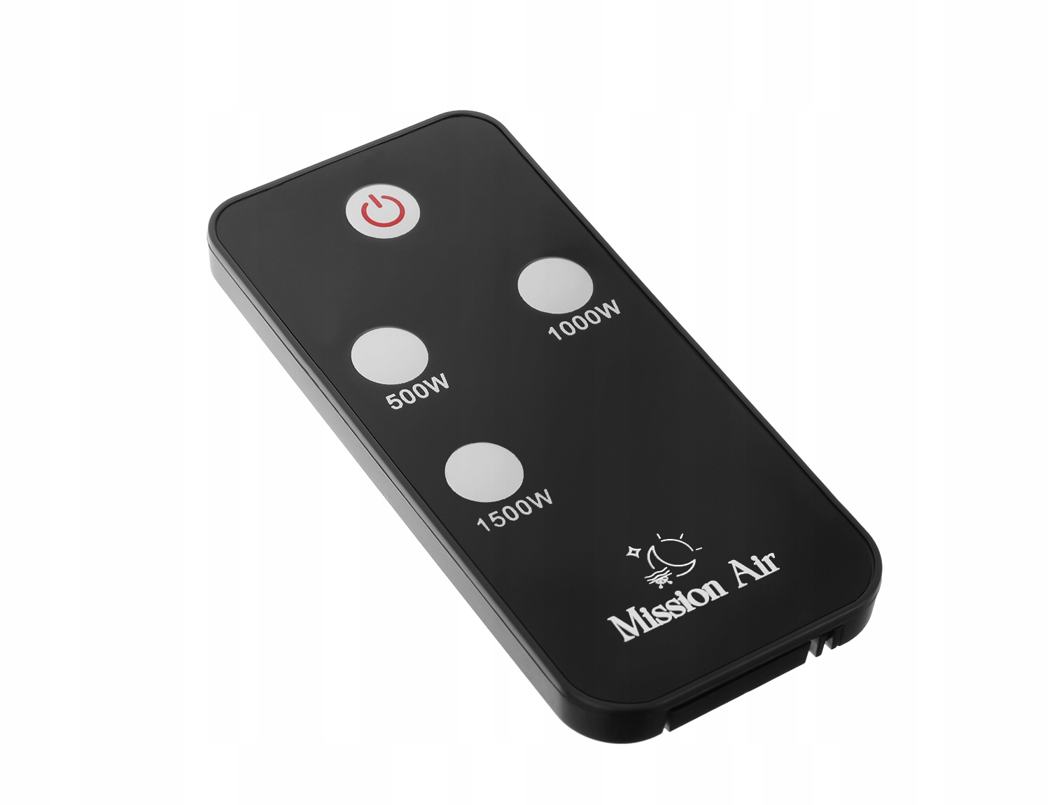 Czarny pilot z przyciskiem zasilania i trzema opcjami mocy (500W, 1000W, 1500W). Logo marki to Mission Air.