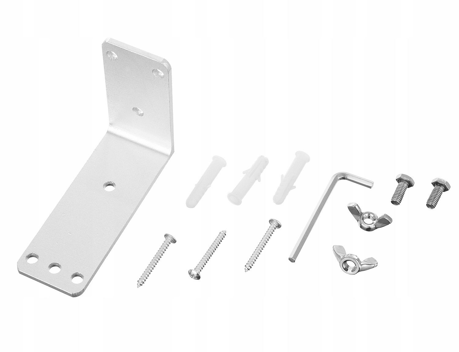 Asortyment metalowych elementów, w tym wspornik kątowy, śruby, śruby, nakrętki skrzydełkowe i klucz imbusowy, ułożone na białym tle.