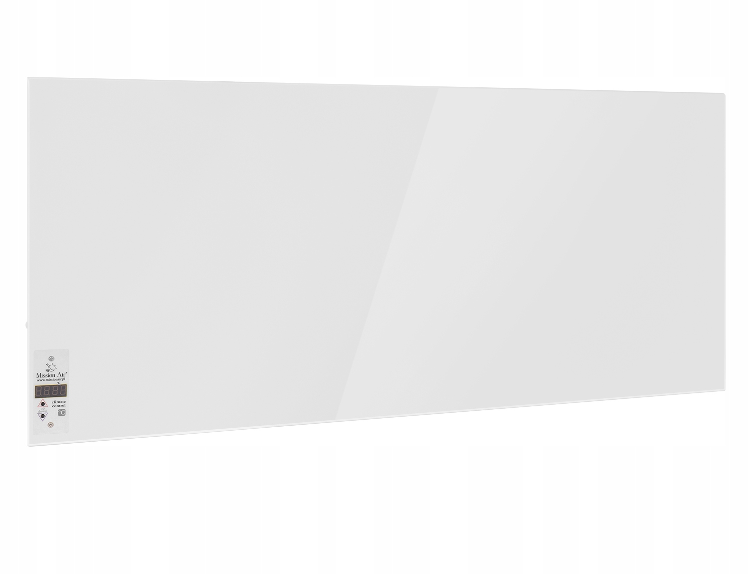 Biały, prostokątny panel szklany z wyświetlaczem cyfrowym i przyciskami sterowania w lewym dolnym rogu. Panel jest czysty.
