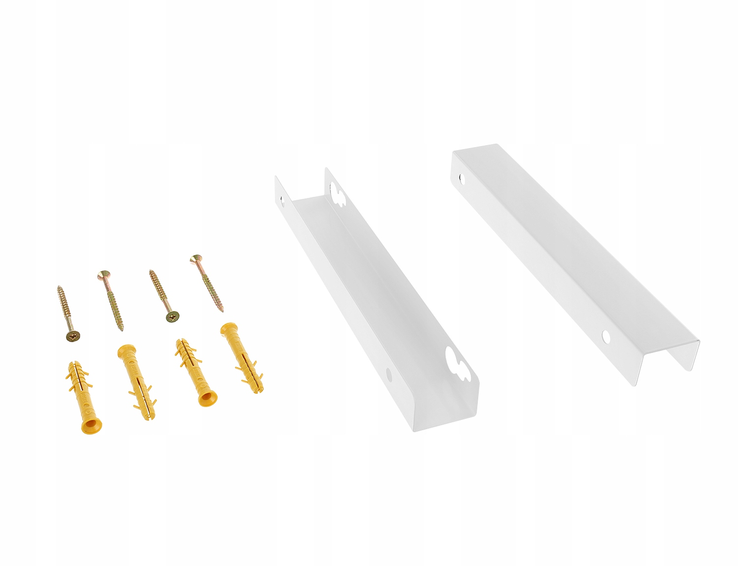 Białe metalowe wsporniki, śruby i żółte kołki rozporowe na białym tle. Elementy sprzętowe do budowy.
