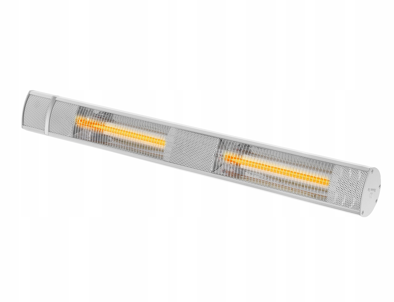 Wyświetlany jest biały, długi, prostokątny grzejnik zewnętrzny. Ma perforowaną metalową powierzchnię z widocznymi pomarańczowymi elementami grzewczymi.