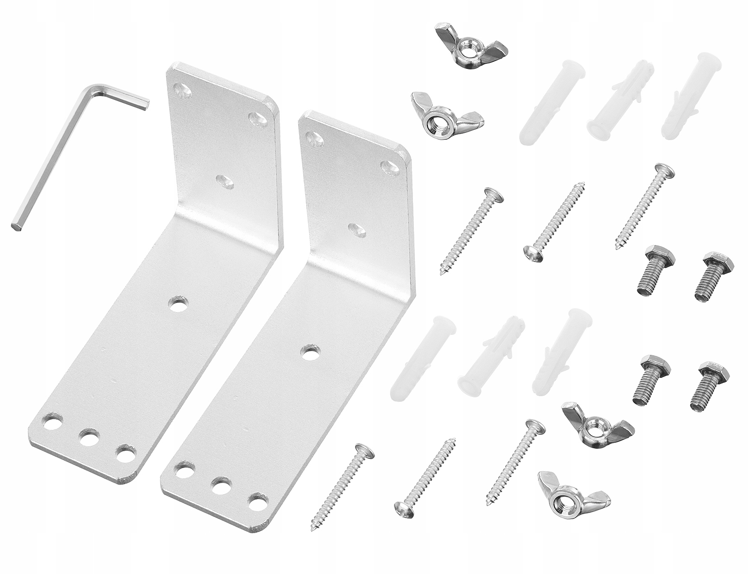 Zestaw metalowych wsporników, śrub, nakrętek motylkowych, kołków rozporowych i klucza imbusowego na białym tle.