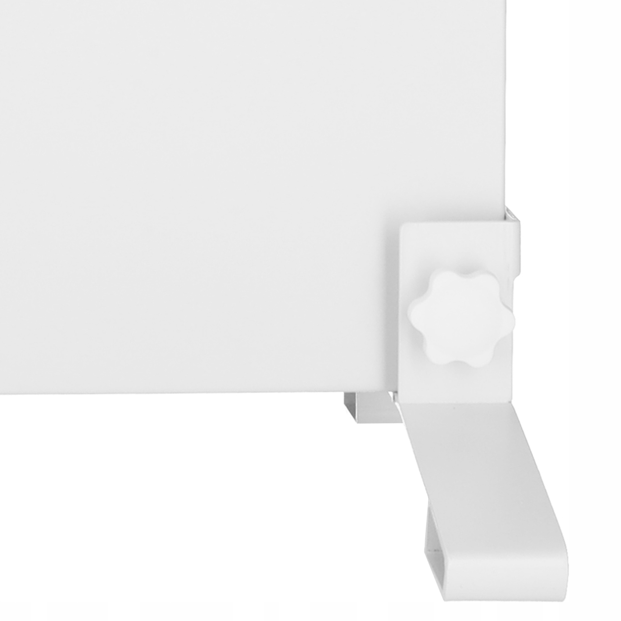 Zbliżenie białej, regulowanej nogi stołu z pokrętłem w kształcie gwiazdy i prostokątnym wspornikiem.