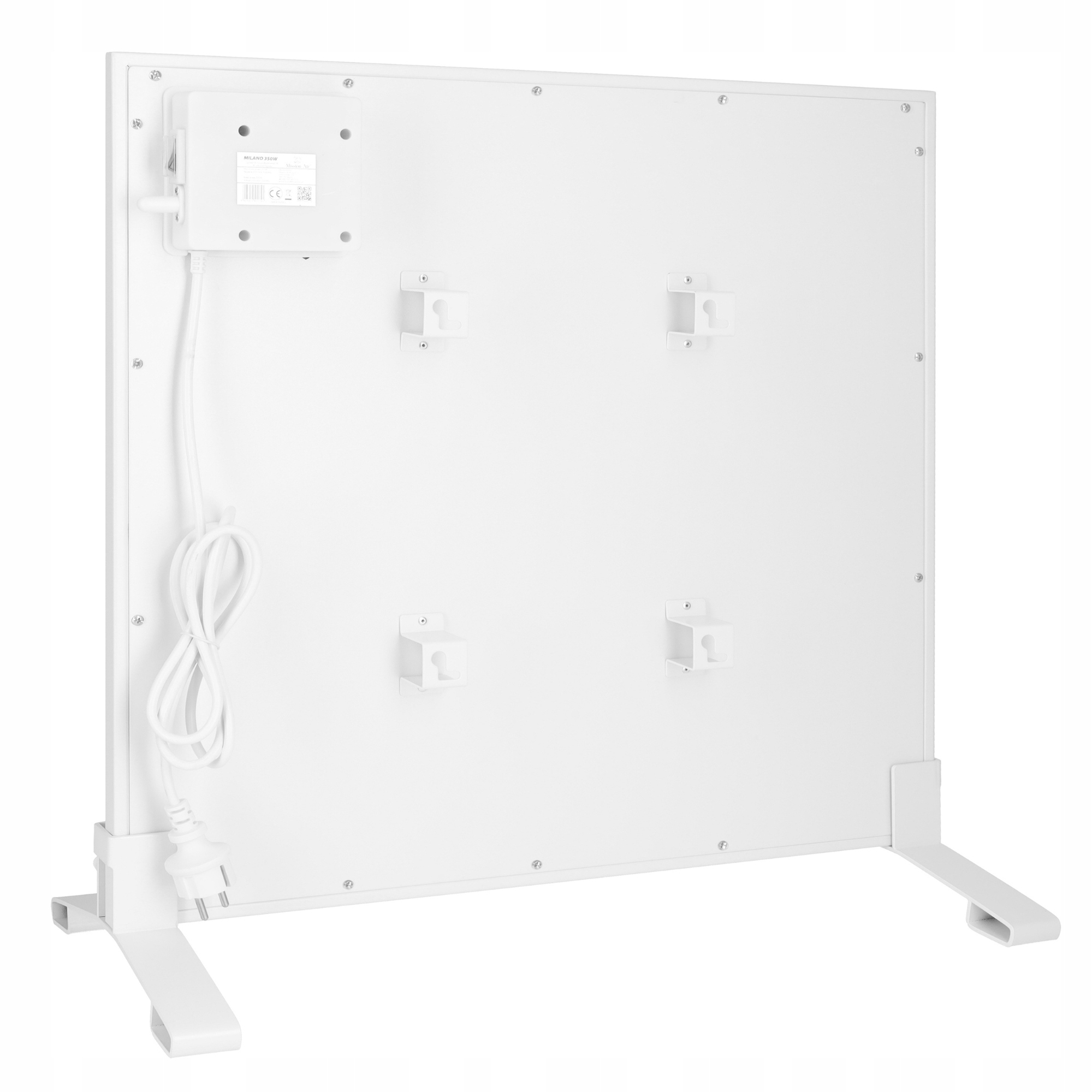 Biały grzejnik elektryczny z przewodem zasilającym i stojakiem. Zawiera skrzynkę sterowniczą, cztery wsporniki.