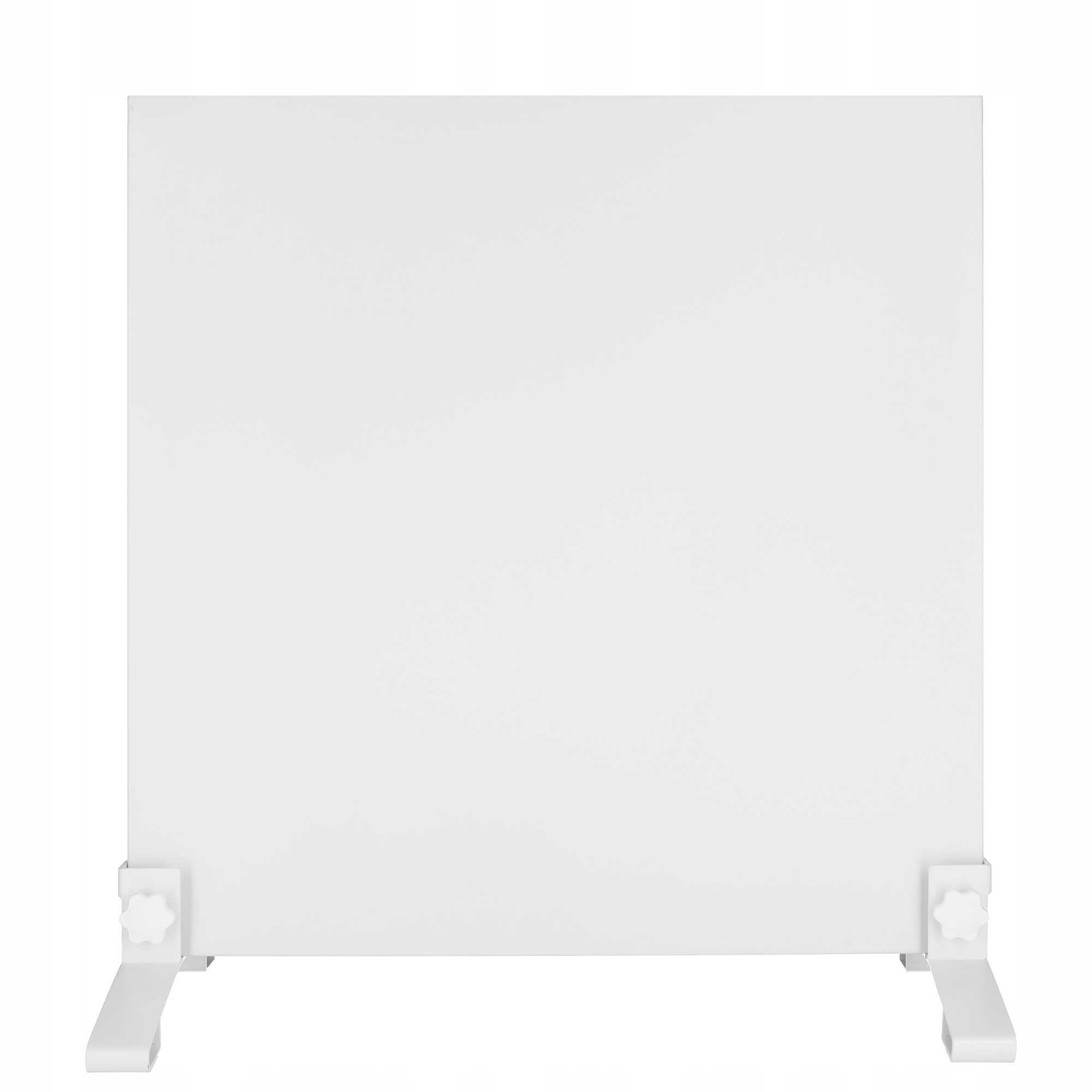 Biały, prostokątny ekran z dwiema nogami. Każda noga ma pokrętło regulacyjne.