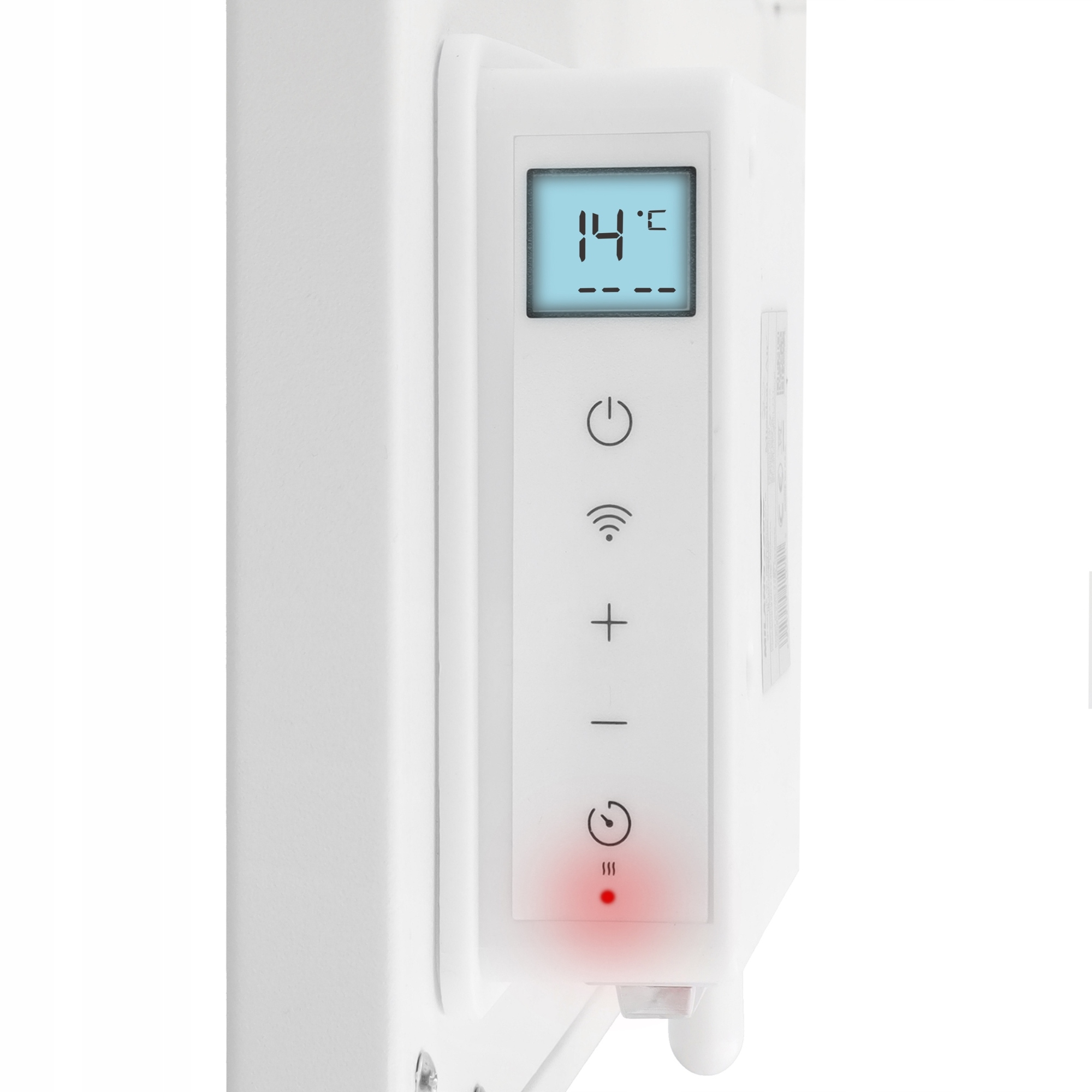 Biały panel sterowania grzejnika elektrycznego z wyświetlaczem cyfrowym pokazującym 14°C i przyciskami.