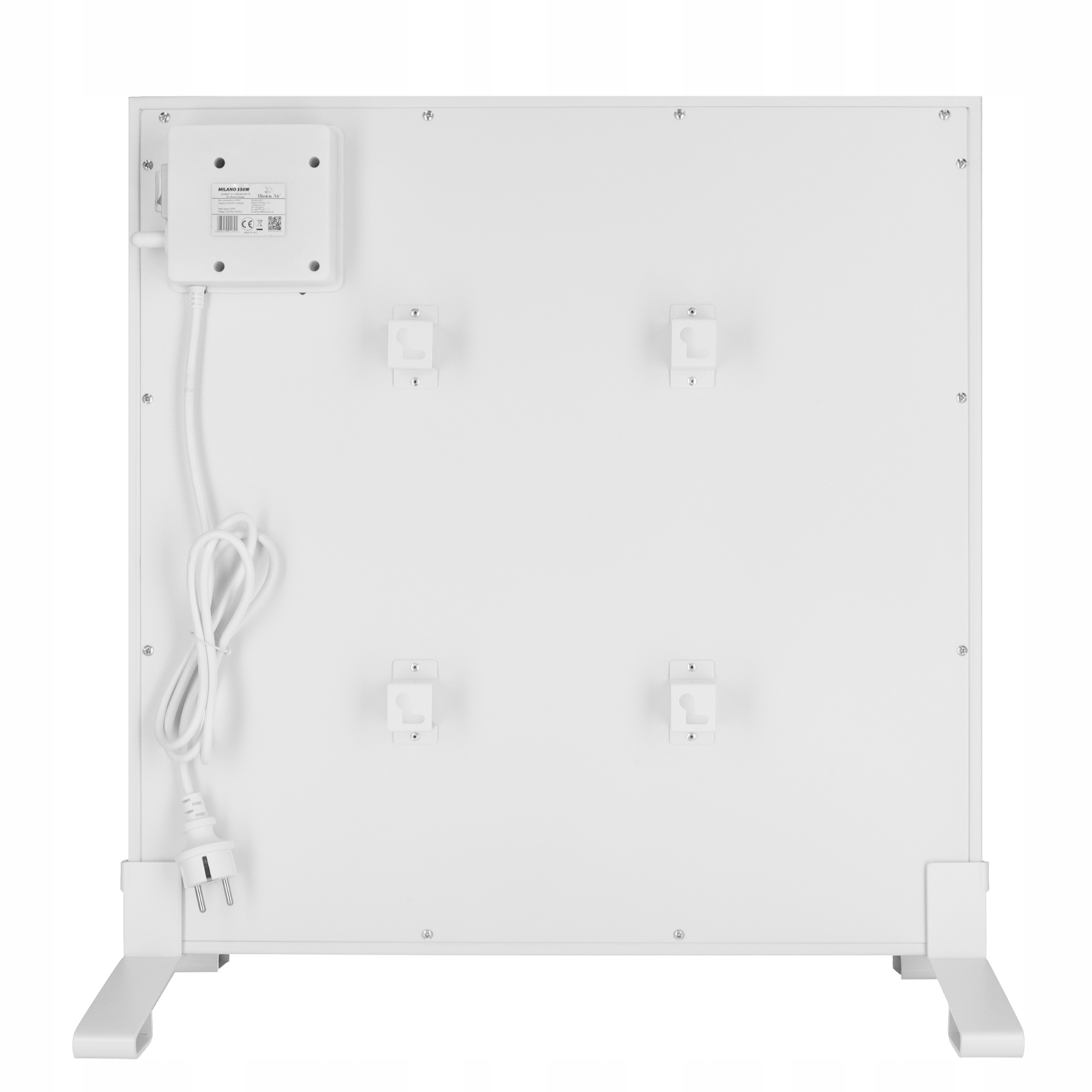 Tył białego grzejnika elektrycznego z przewodem zasilającym i wtyczką. Posiada skrzynkę sterowniczą i uchwyty.