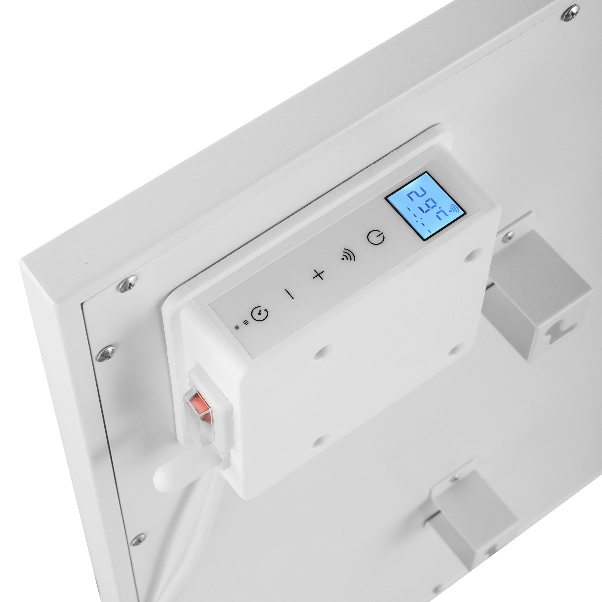 Biały panel z skrzynką kontrolną. Skrzynka ma wyświetlacz z cyframi. Przyciski: zasilanie, plus, minus i symbol wifi.