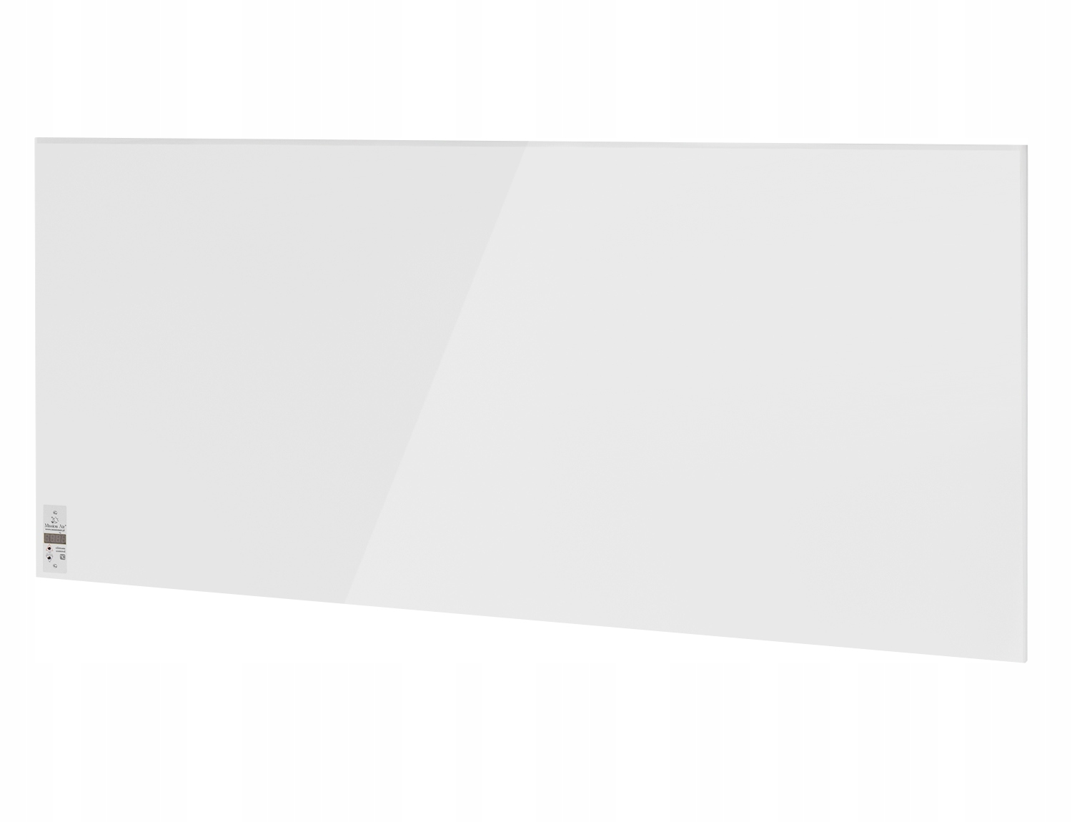 Biały, prostokątny panel szklany, prawdopodobnie grzejnik, z małym panelem sterowania po lewej stronie.