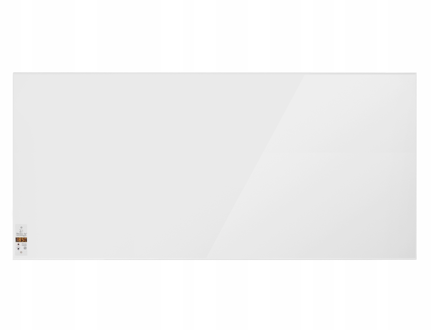 Biały prostokątny grzejnik elektryczny z cyfrowym wyświetlaczem pokazującym 18,5 stopnia. Powierzchnia jest błyszcząca.