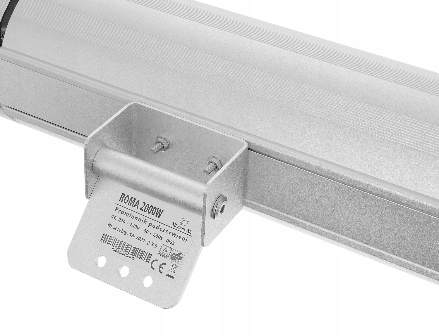 Zbliżenie srebrnego grzejnika Roma 2000W. Szczegóły obejmują etykietę ze specyfikacjami i wspornik montażowy.