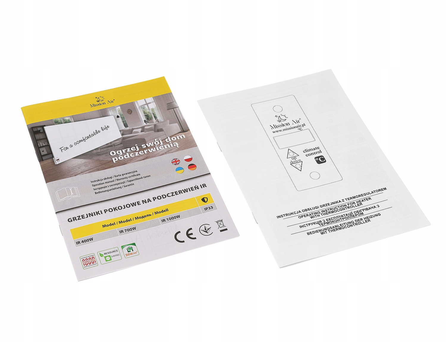 Dwie instrukcje obsługi z tekstem i logo, jedna żółta, druga biała. Obie mają logo Mission Air.