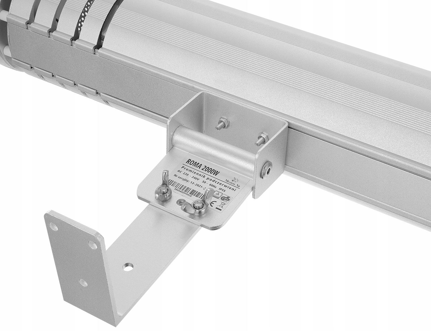 Zbliżenie srebrnego elementu grzejnika Roma 2000W. Zawiera wspornik, śruby i etykietę ze szczegółami technicznymi.