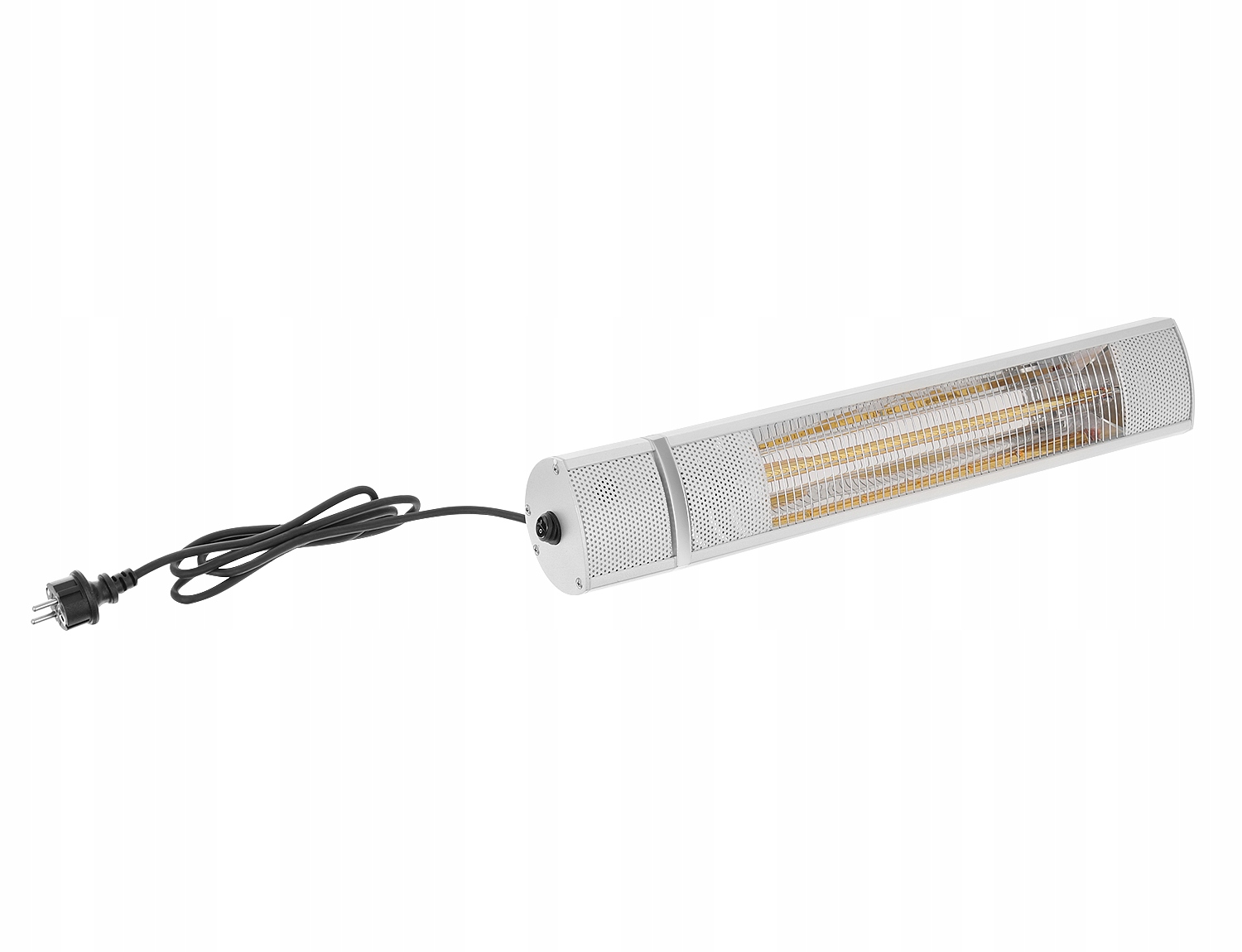 Biało-srebrny grzejnik elektryczny z czarnym przewodem zasilającym na białym tle. Grzejnik jest włączony.