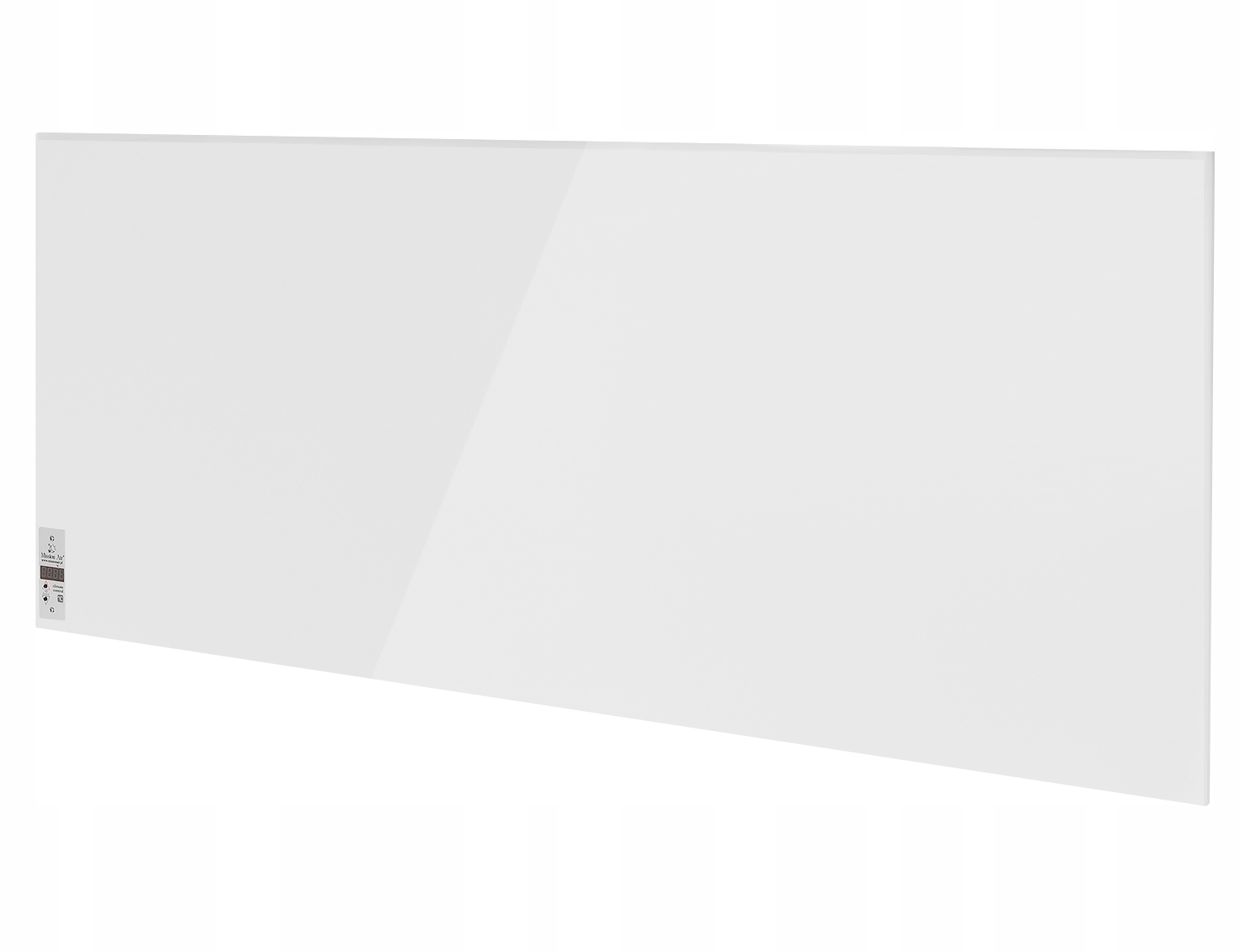 Duży, prostokątny biały panel szklany. Mała etykieta z symbolami i tekstem widoczna w lewym dolnym rogu.