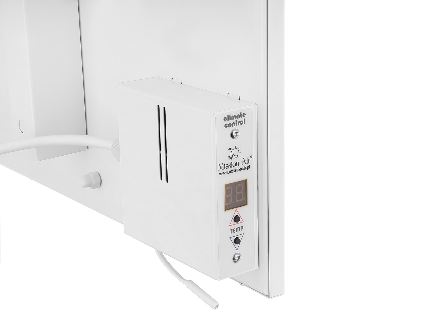 Białe urządzenie do kontroli klimatu z cyfrowym wyświetlaczem pokazującym 88, z napisem 'TEMP'. Zamontowane na białej powierzchni z kablem.