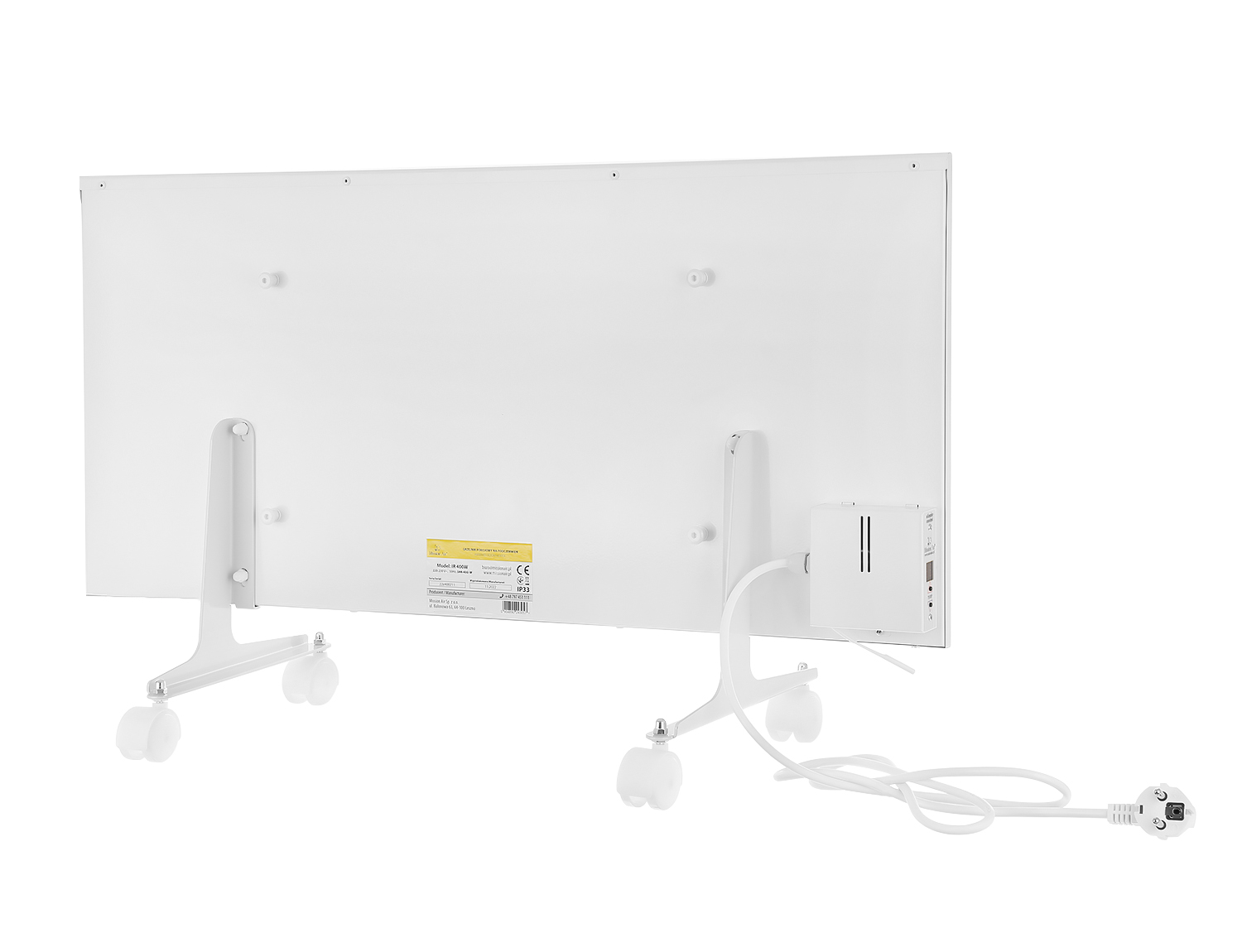 Biały grzejnik panelowy pokazany od tyłu, z kablem zasilającym i małą skrzynką kontrolną. Stoi na białej ramie z kółkami.