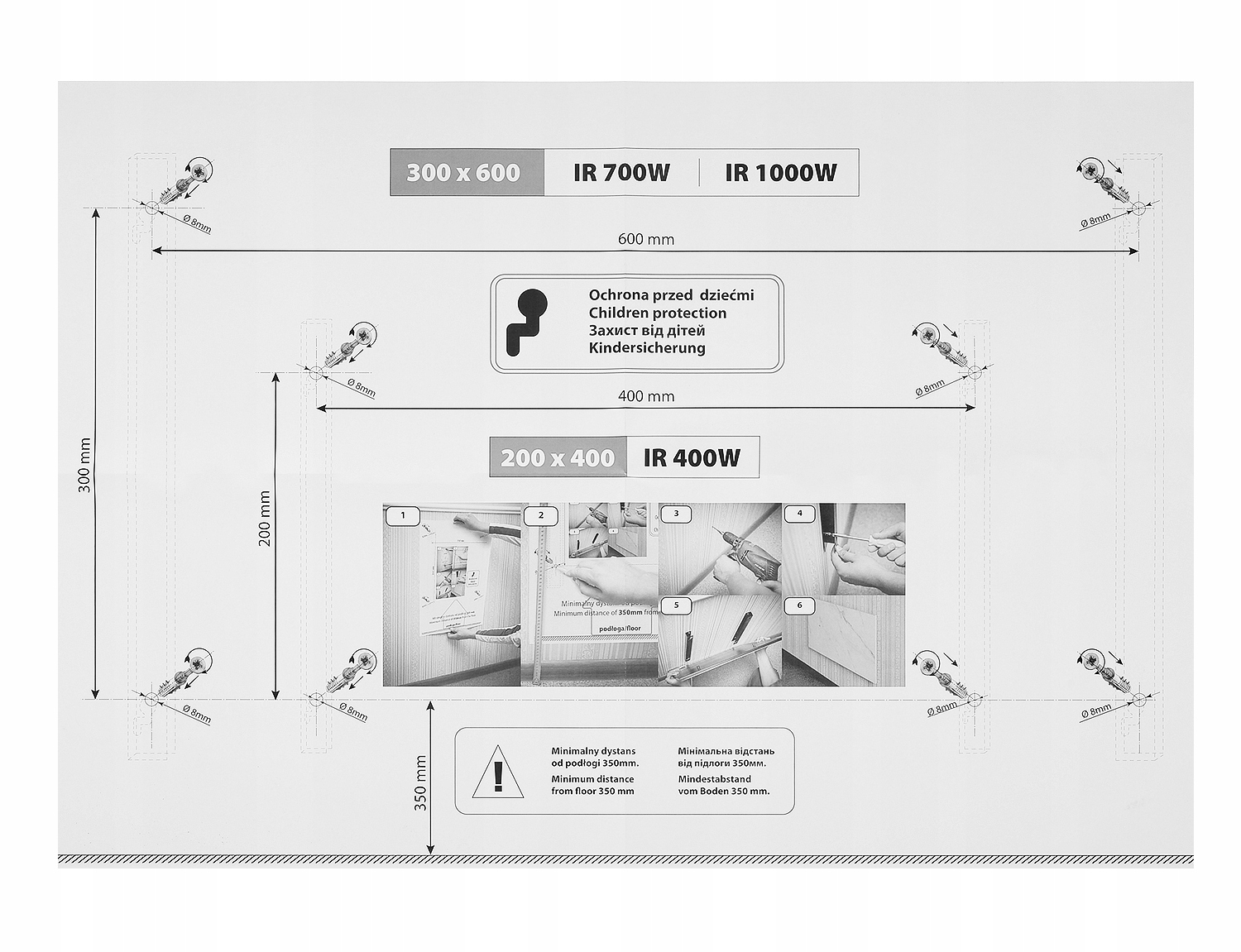 Schemat z wymiarami, instrukcjami i informacjami bezpieczeństwa. Pokazuje kroki instalacji i ostrzeżenia w wielu językach.