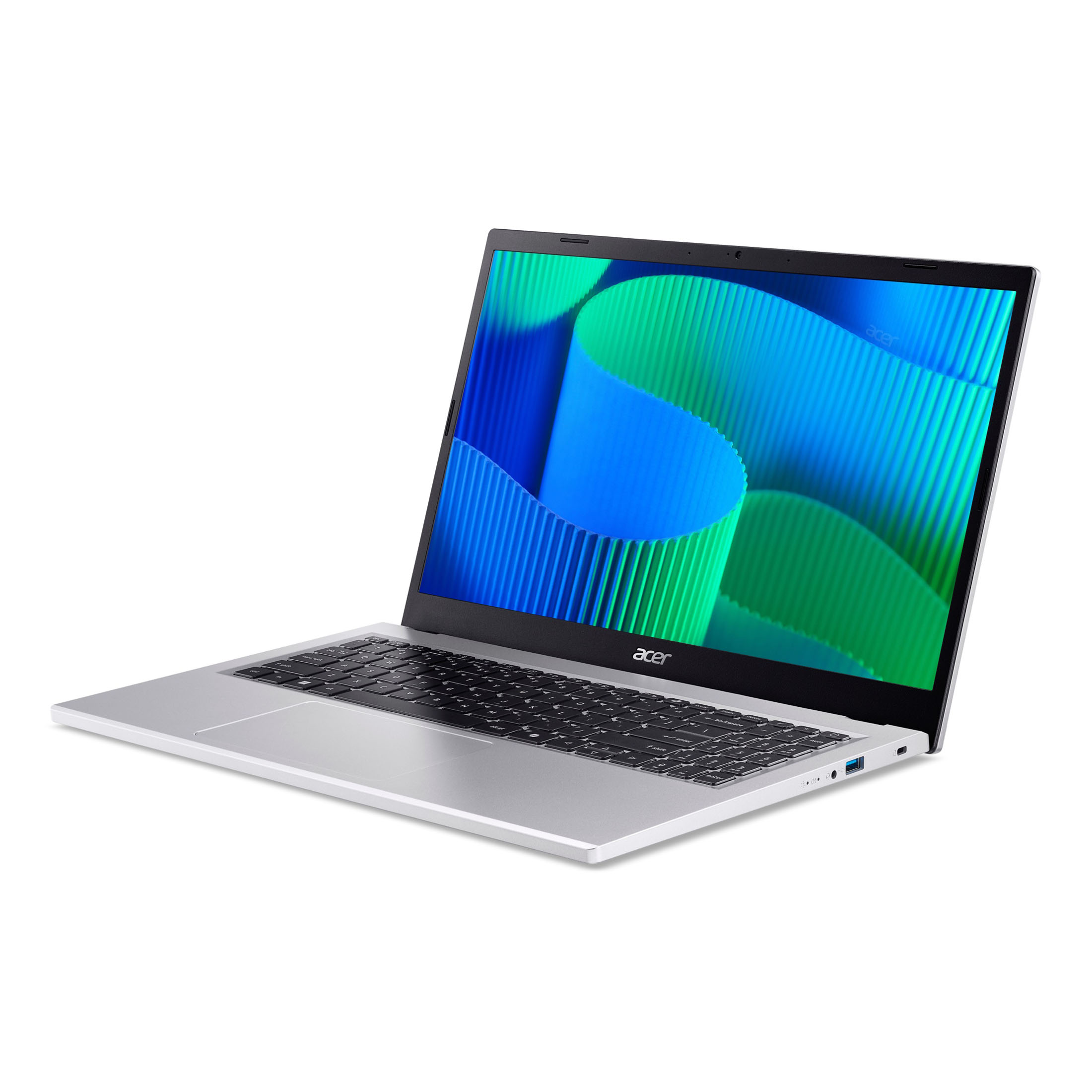 Laptop Acer argentato aperto, lo schermo mostra un design astratto verde e blu. La tastiera è nera. Sfondo bianco.