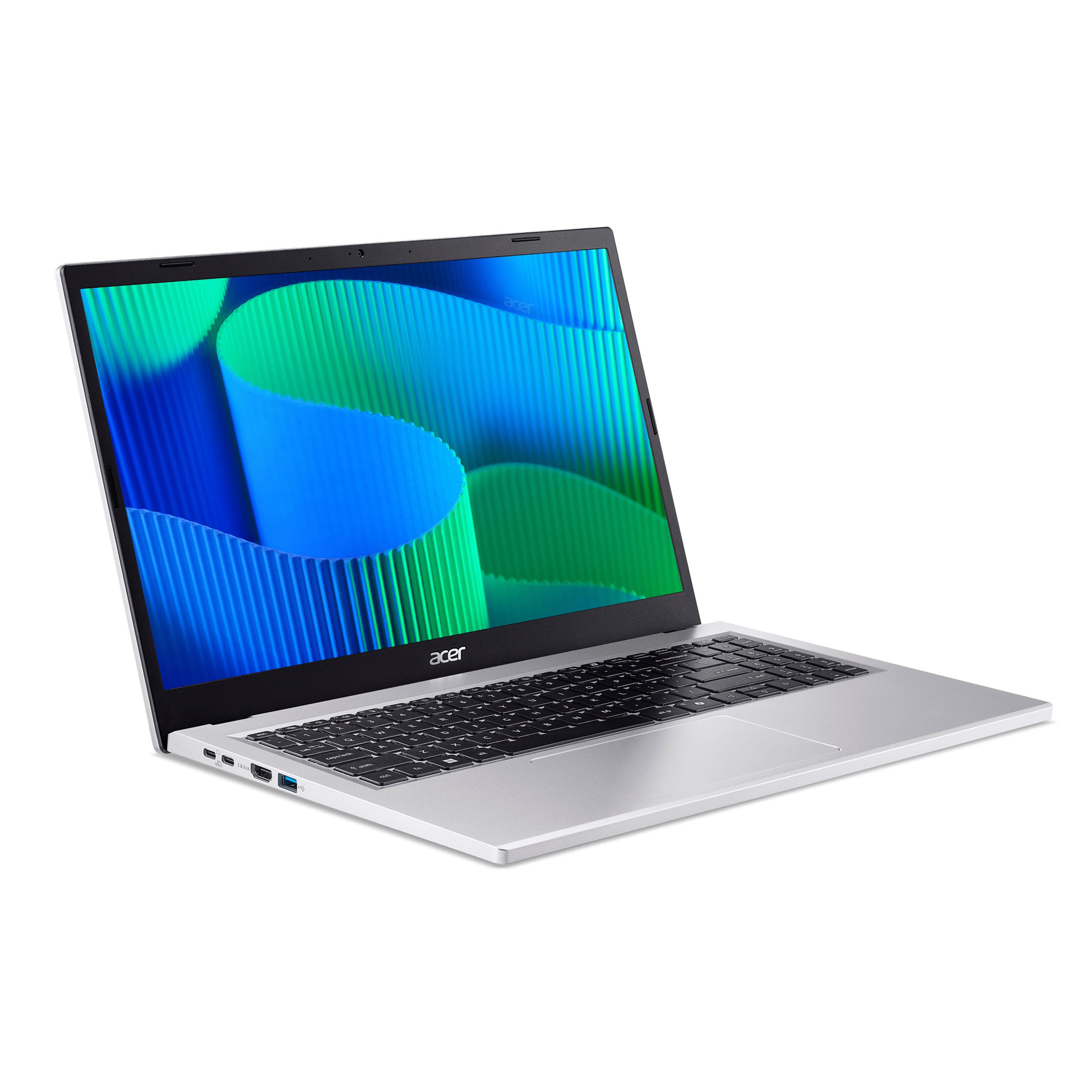 Laptop Acer argentato aperto, schermo mostra un design a onde blu e verdi, tastiera nera, sfondo bianco.