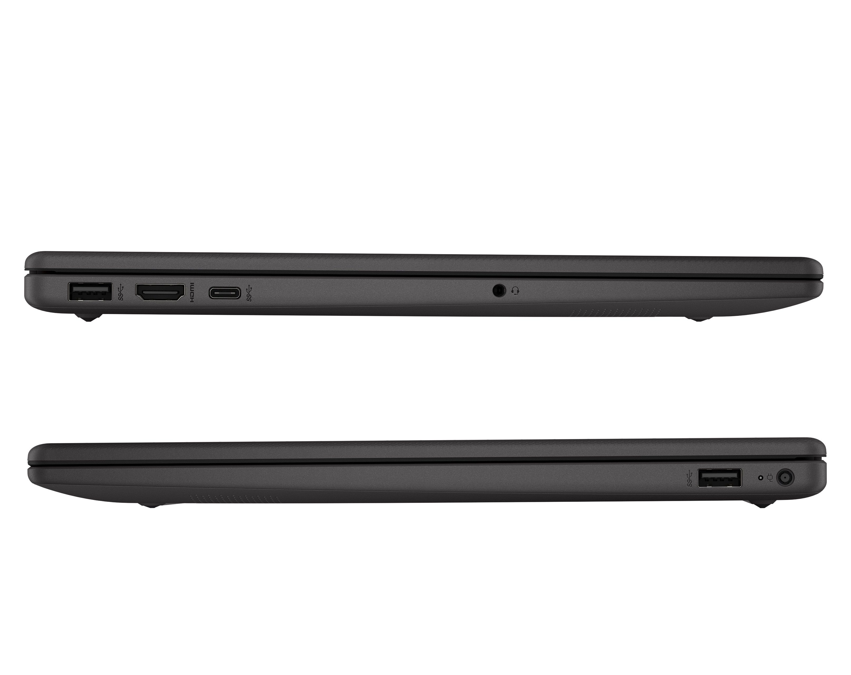 Zwei schwarze Laptops nebeneinander. Jeder zeigt Anschlüsse, darunter USB, HDMI und Kopfhörerbuchsen, vor weißem Hintergrund.