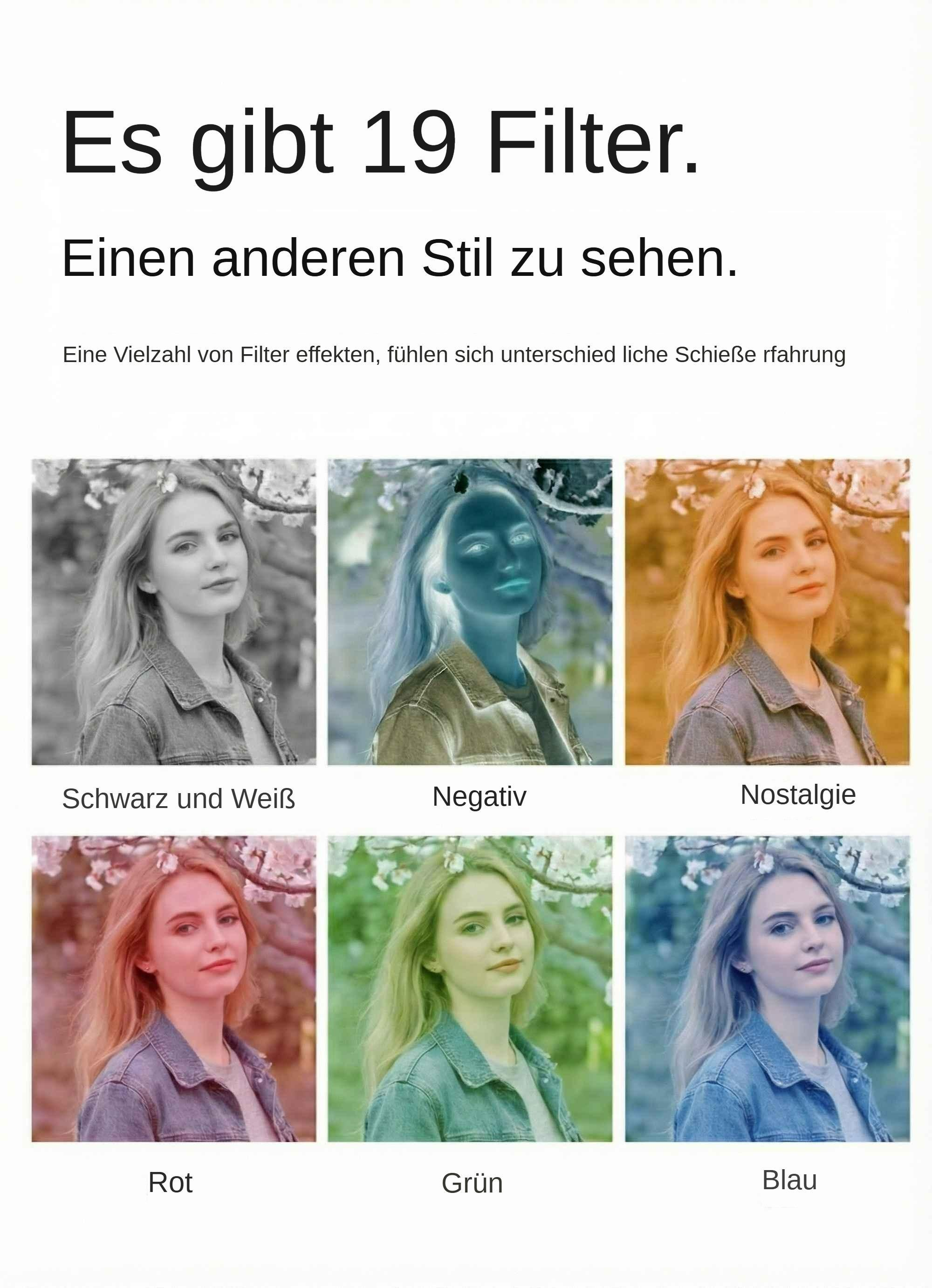 Das Bild zeigt eine Frau mit sechs verschiedenen Fotofiltern: Schwarzweiß, Negativ, Nostalgie, Rot, Grün und Blau.