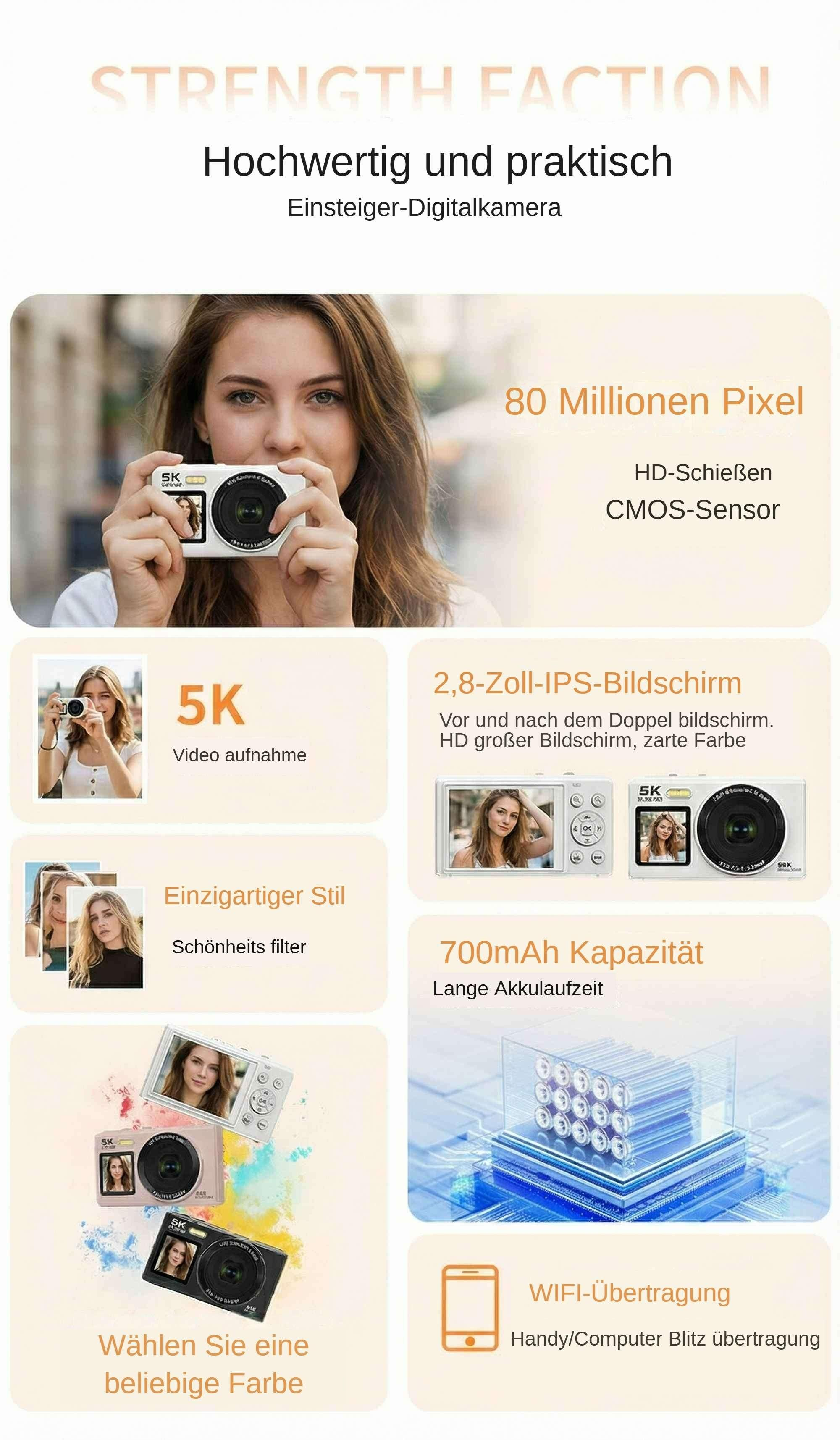 Eine Frau hält eine weiße Kamera, Produktdetails und -funktionen werden im Hintergrund mit Text angezeigt.