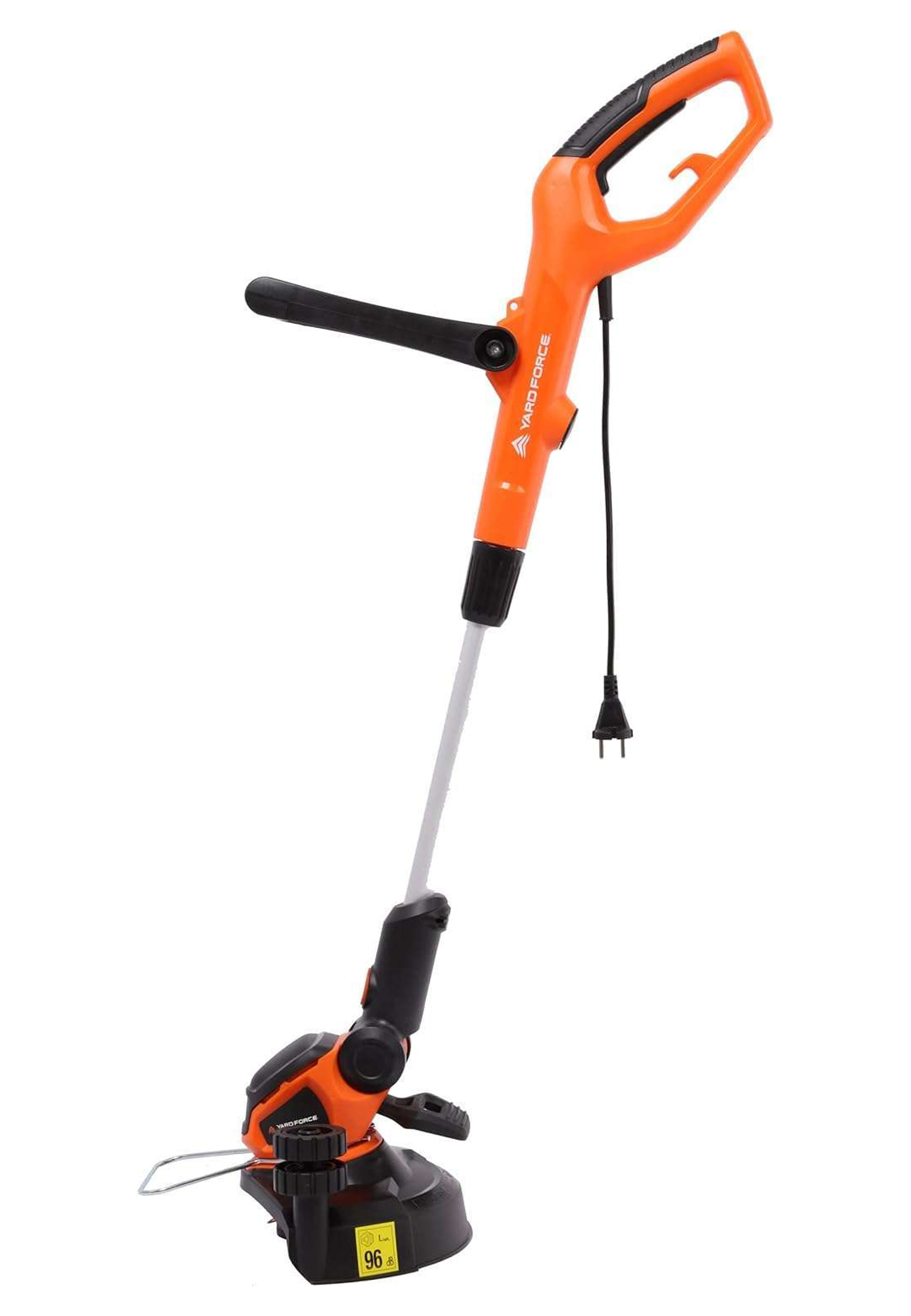 Ein orangefarbener und schwarzer elektrischer Rasentrimmer von Yard Force. Er hat einen langen Griff und ein schwarzes Netzkabel.