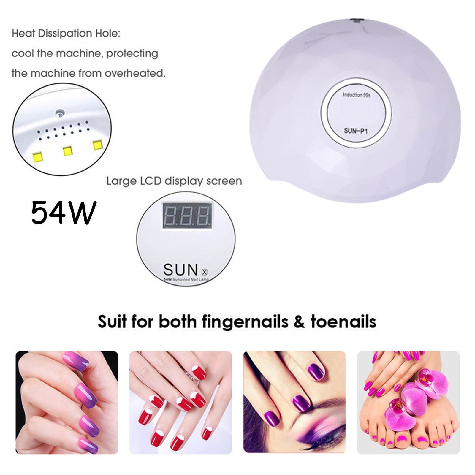 Weißer Nagellack mit Bildschirm, 54W. Zeigt Nägel mit verschiedenen Farben und Designs sowie Zehen mit rosa Nagellack.