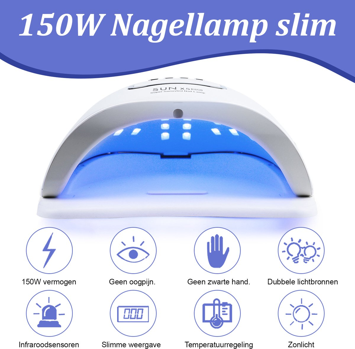 Eine weiße Nagellampe mit blauem Licht im Inneren, umgeben von Icons mit niederländischem Text. Sie hat eine gewölbte Oberseite und ein Digitaldisplay.
