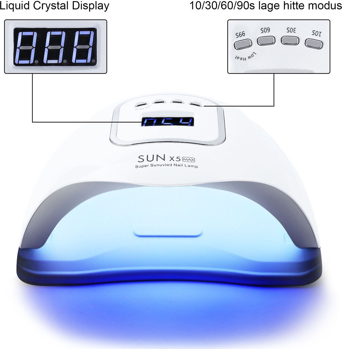 Eine weiße SUN X5 Nagellampe mit blauem Licht. Sie hat eine Digitalanzeige und Tasten für die Zeiteinstellungen. Beschriftet mit 'Liquid Crystal Display'.
