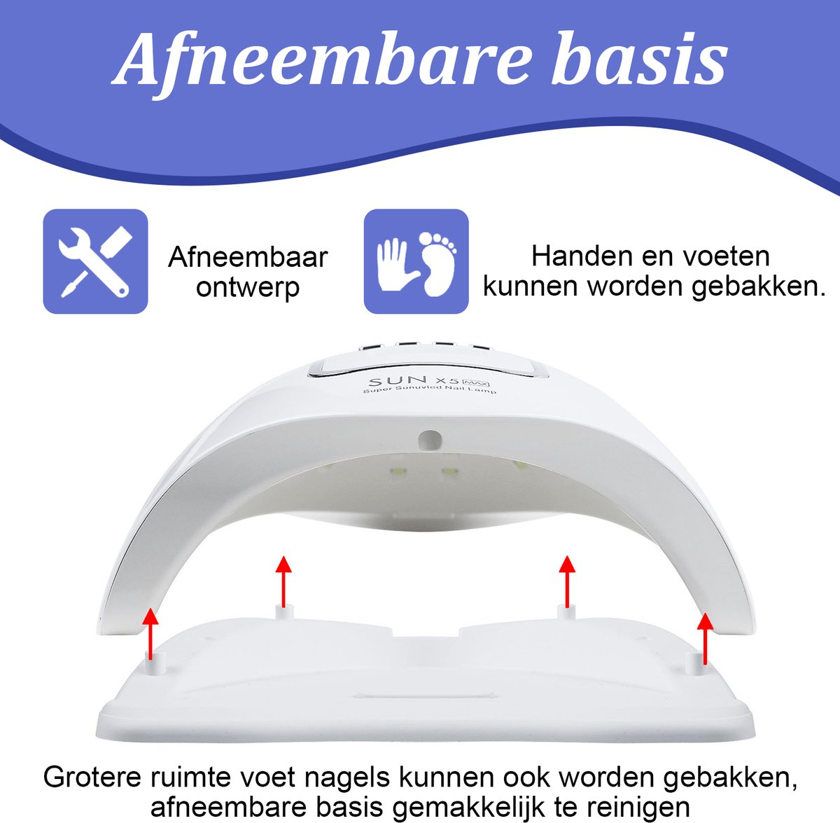 Eine weiße Nagellampe mit abnehmbarer Basis. Niederländischer Text: 'abnehmbare Basis' und 'Hände und Füße können gebacken werden'.