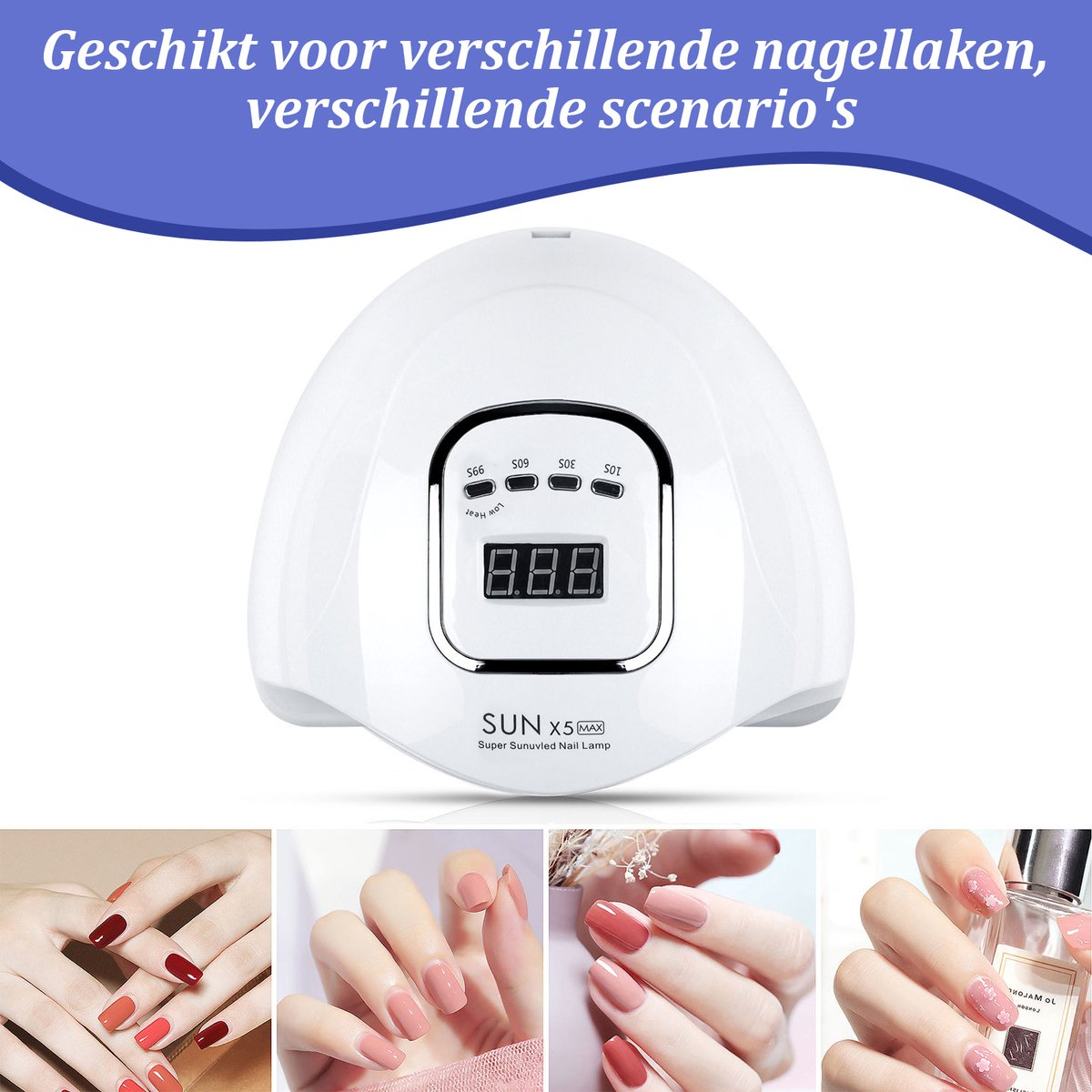 Eine weiße Nagellampe mit Digitalanzeige steht im Zentrum. Darunter befinden sich Bilder von manikürten Nägeln in verschiedenen Farben.